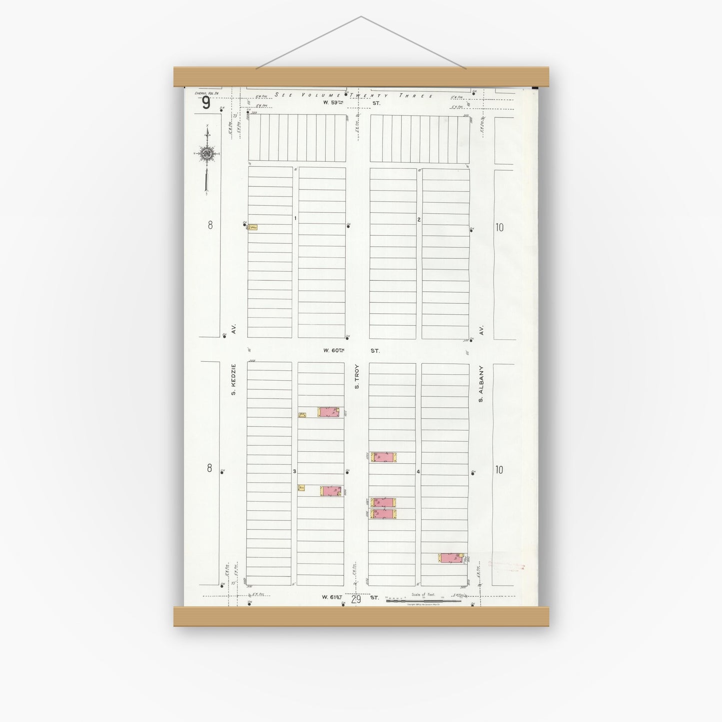 Old map wall art mockup — magnetic wood frame on white wall — Sanborn Fire Insurance Map from Chicago, Cook County, Illinois (1920), Sheet #0009