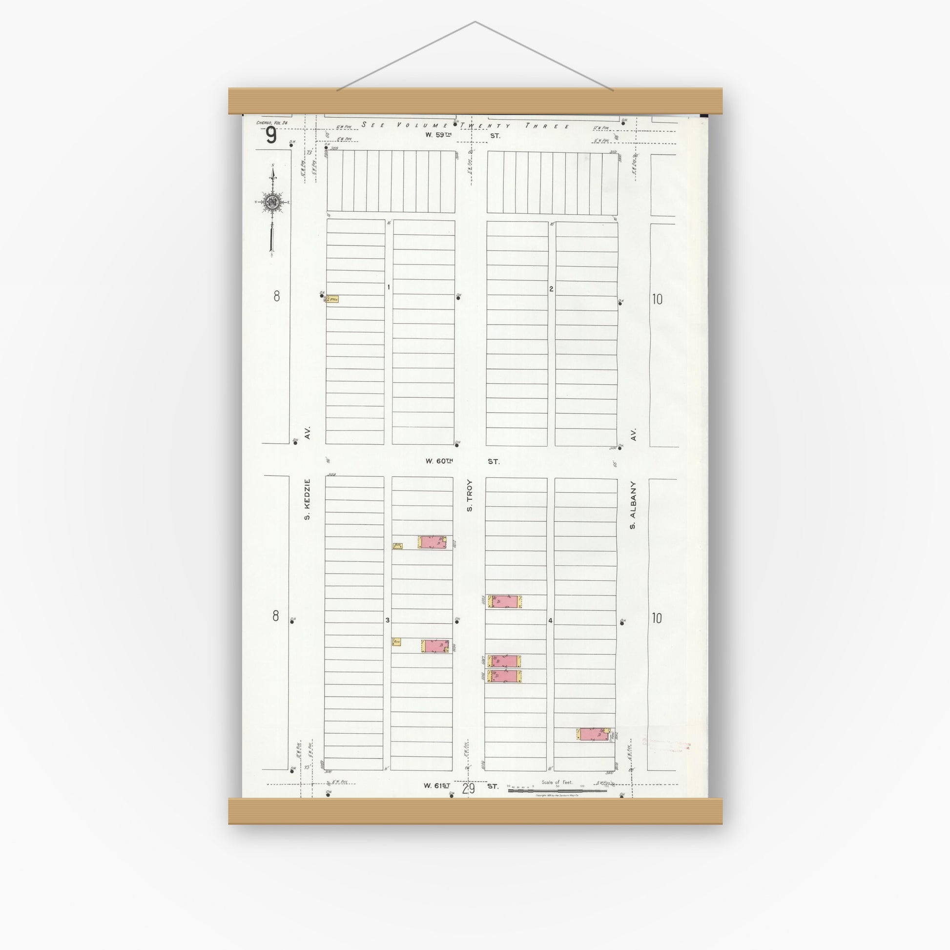 Old map wall art mockup — magnetic wood frame on white wall — Sanborn Fire Insurance Map from Chicago, Cook County, Illinois (1920), Sheet #0009
