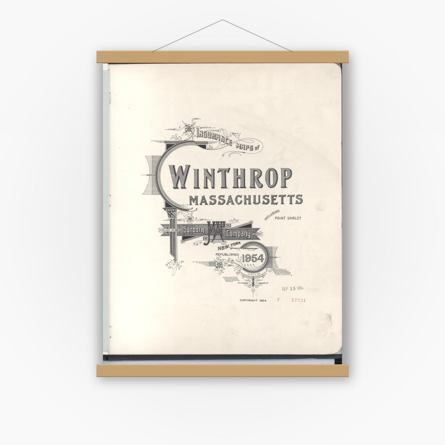 Old map wall art mockup — magnetic wood frame on white wall — Sanborn Fire Insurance Map from Winthrop, Suffolk County, Massachusetts (1954), Sheet #0001