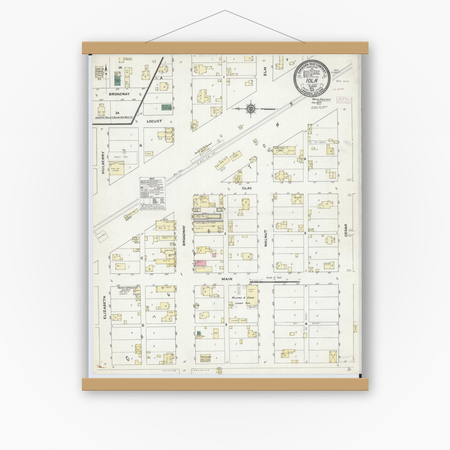 Old map wall art mockup — magnetic wood frame on white wall — Sanborn Fire Insurance Map from Iola, Clay County, Illinois (1910), Sheet #0001