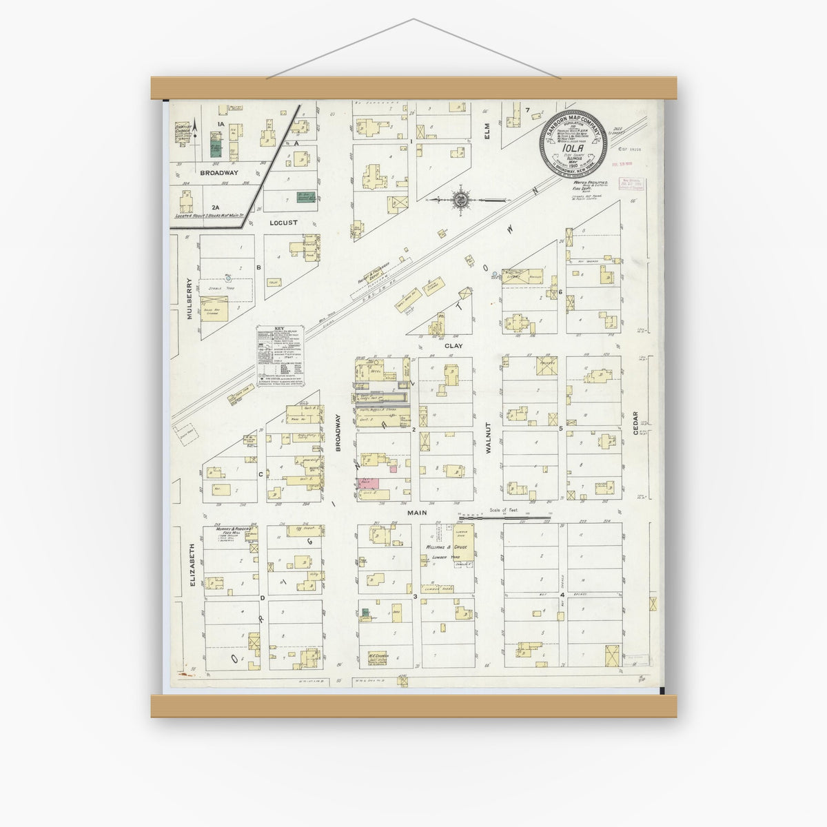Old map wall art mockup — magnetic wood frame on white wall — Sanborn Fire Insurance Map from Iola, Clay County, Illinois (1910), Sheet #0001