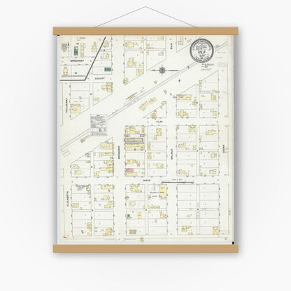 Old map wall art mockup — magnetic wood frame on white wall — Sanborn Fire Insurance Map from Iola, Clay County, Illinois (1910), Sheet #0001
