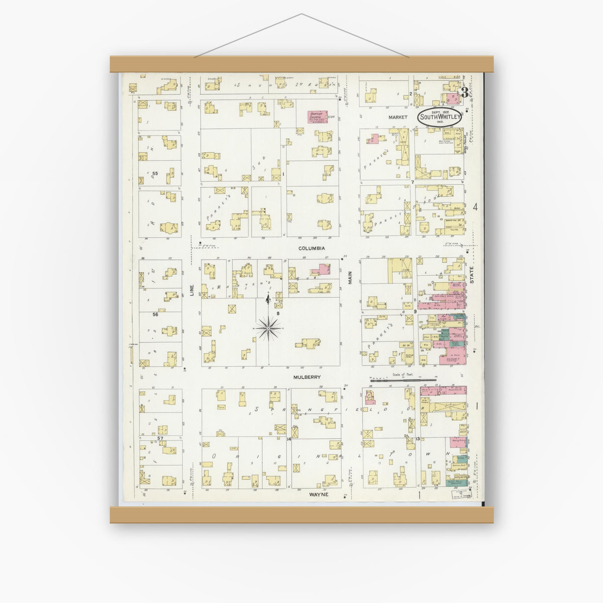 Old map wall art mockup — magnetic wood frame on white wall — Sanborn Fire Insurance Map from South Whitley, Whitley County, Indiana (1907), Sheet #0003