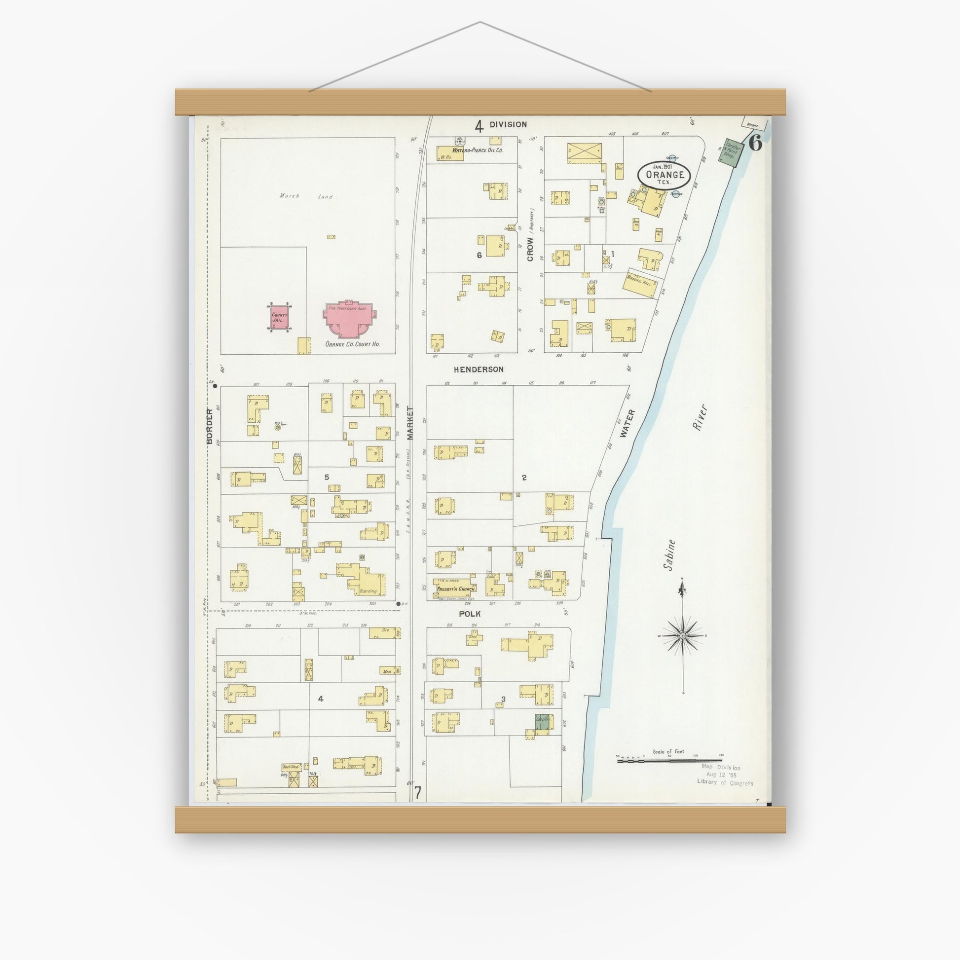 Old map wall art mockup — magnetic wood frame on white wall — Sanborn Fire Insurance Map from Orange, Orange County, Texas (1901), Sheet #0006