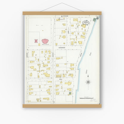 Old map wall art mockup — magnetic wood frame on white wall — Sanborn Fire Insurance Map from Orange, Orange County, Texas (1901), Sheet #0006