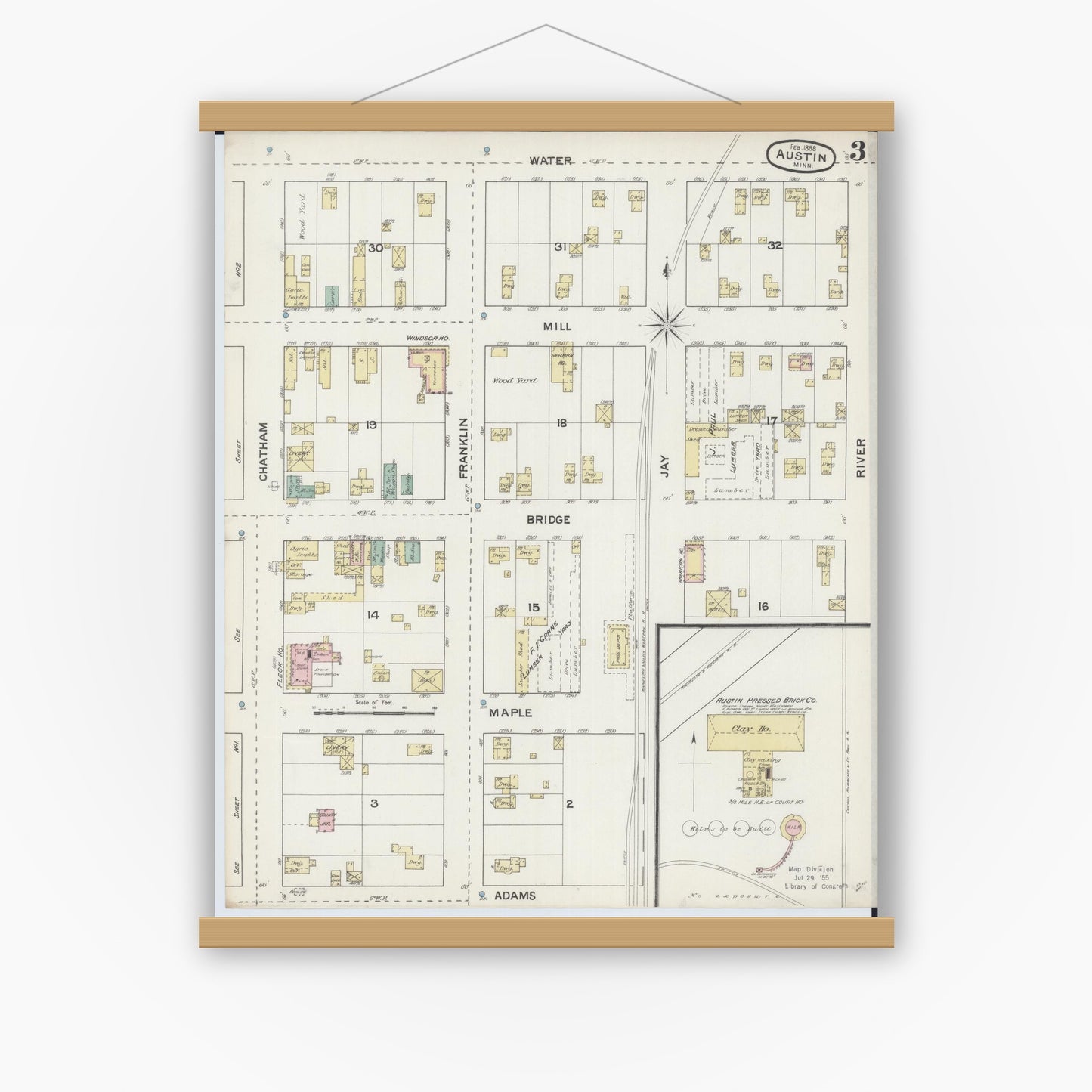 Old map wall art mockup — magnetic wood frame on white wall — Sanborn Fire Insurance Map from Austin, Mower County, Minnesota (1888), Sheet #0003