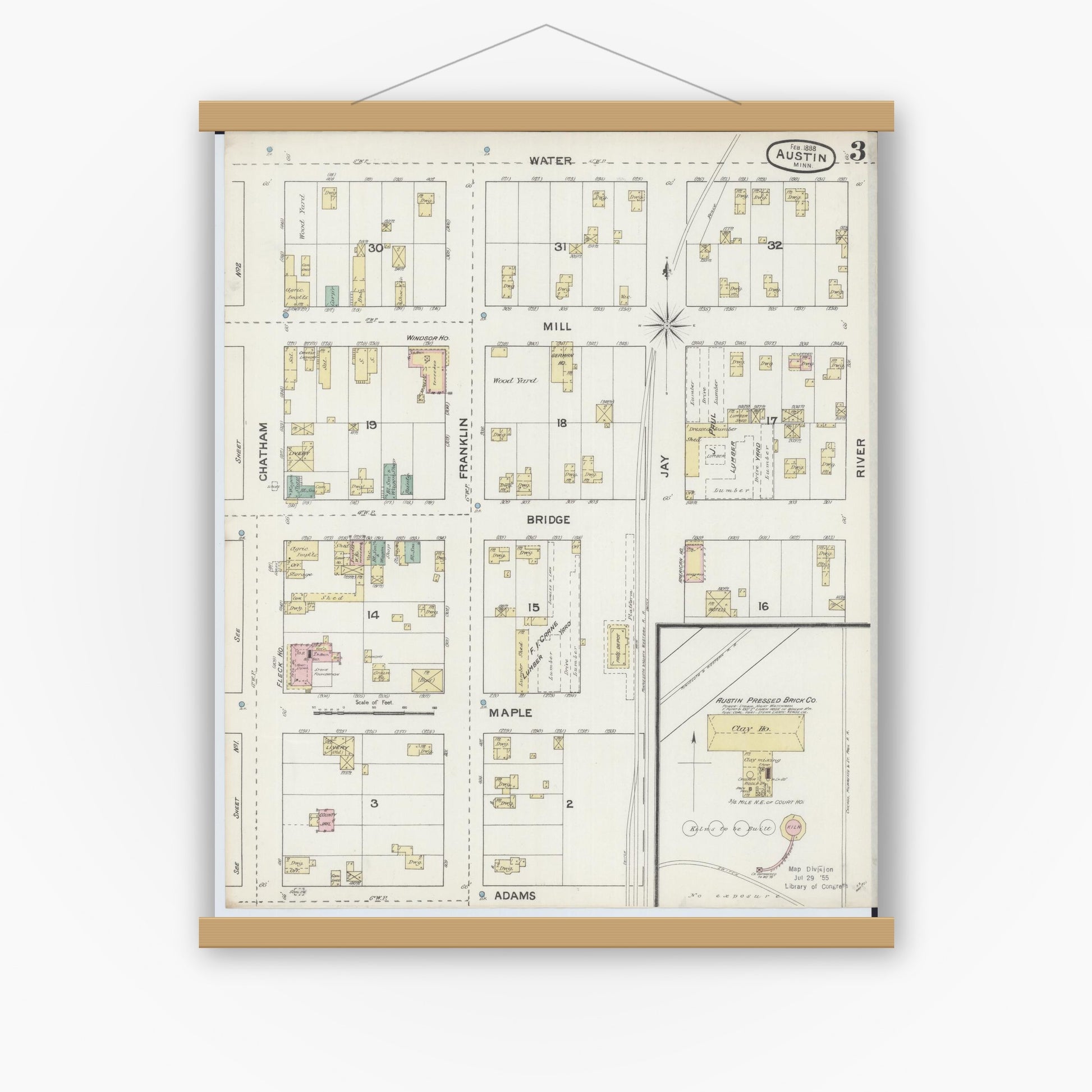Old map wall art mockup — magnetic wood frame on white wall — Sanborn Fire Insurance Map from Austin, Mower County, Minnesota (1888), Sheet #0003