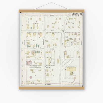 Old map wall art mockup — magnetic wood frame on white wall — Sanborn Fire Insurance Map from Austin, Mower County, Minnesota (1888), Sheet #0003