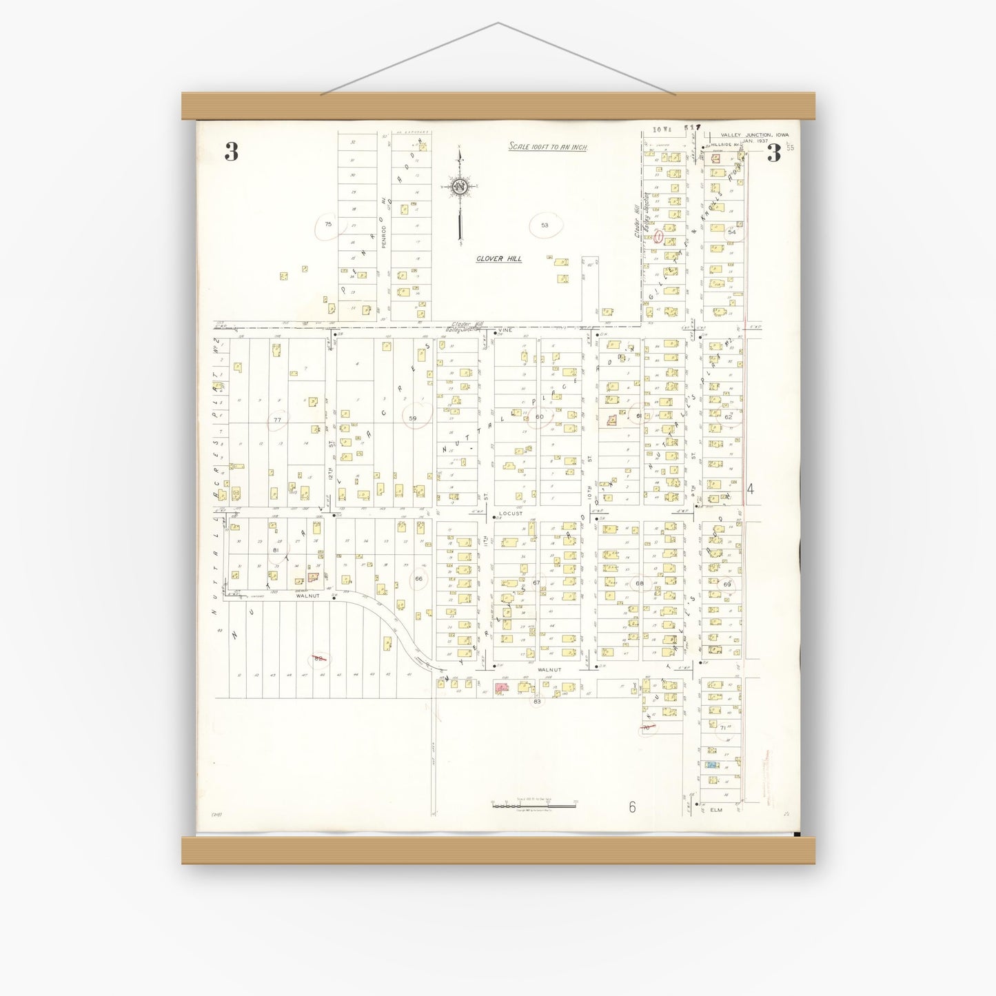 Old map wall art mockup — magnetic wood frame on white wall — Sanborn Fire Insurance Map from Valley Junction, Polk County, Iowa (1941), Sheet #0003