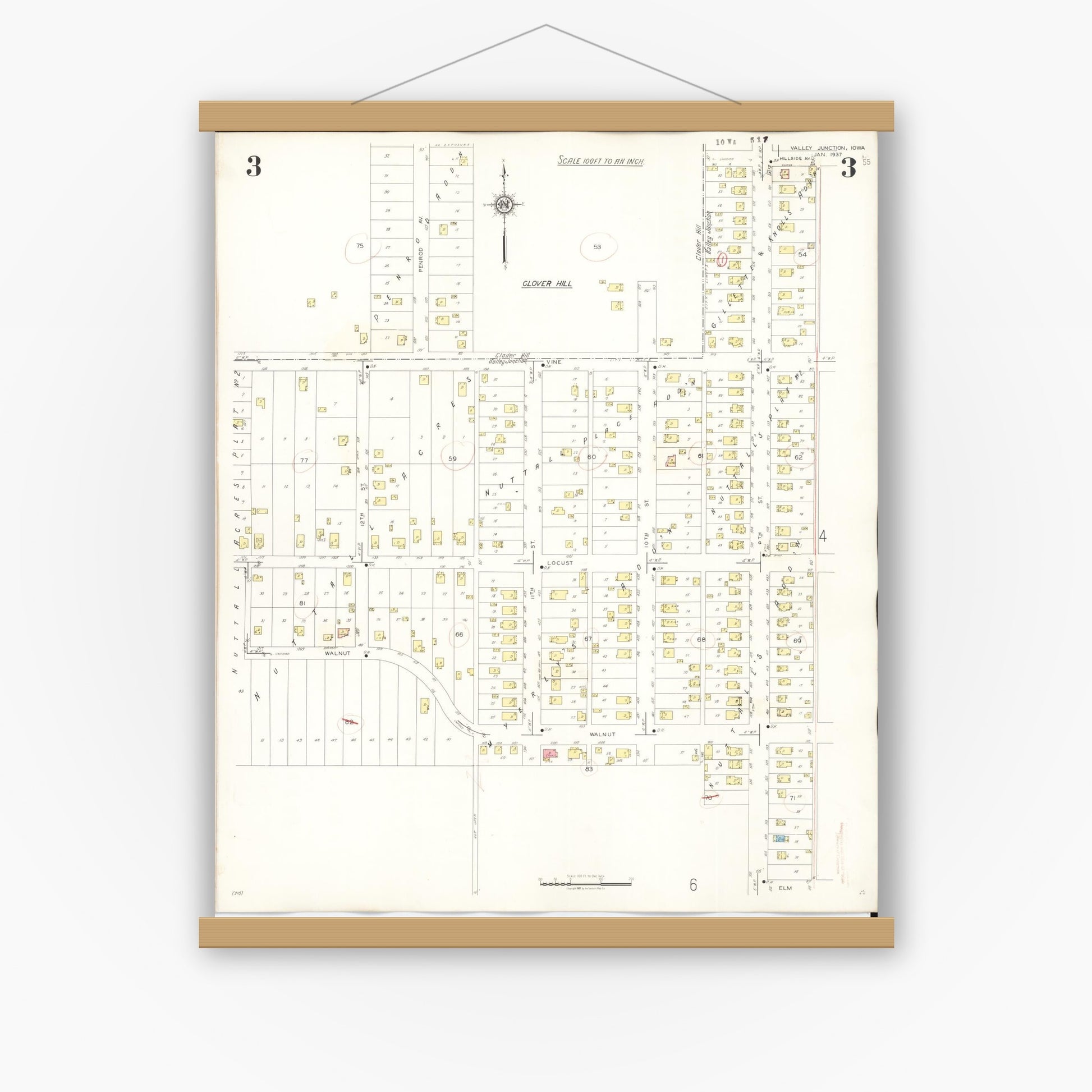 Old map wall art mockup — magnetic wood frame on white wall — Sanborn Fire Insurance Map from Valley Junction, Polk County, Iowa (1941), Sheet #0003