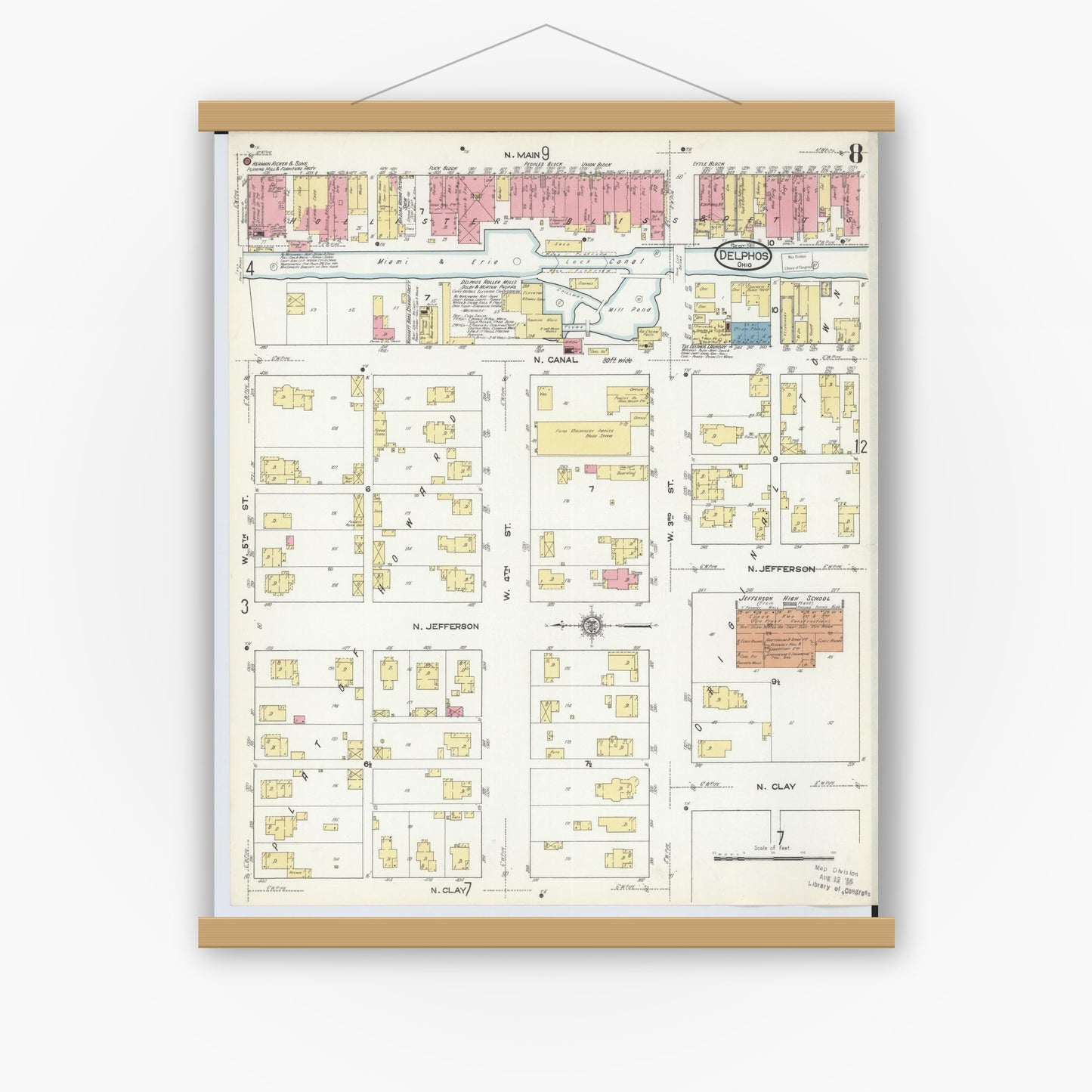 Old map wall art mockup — magnetic wood frame on white wall — Sanborn Fire Insurance Map from Delphos, Van Wert And Allen Counties, Ohio (1911), Sheet #0008