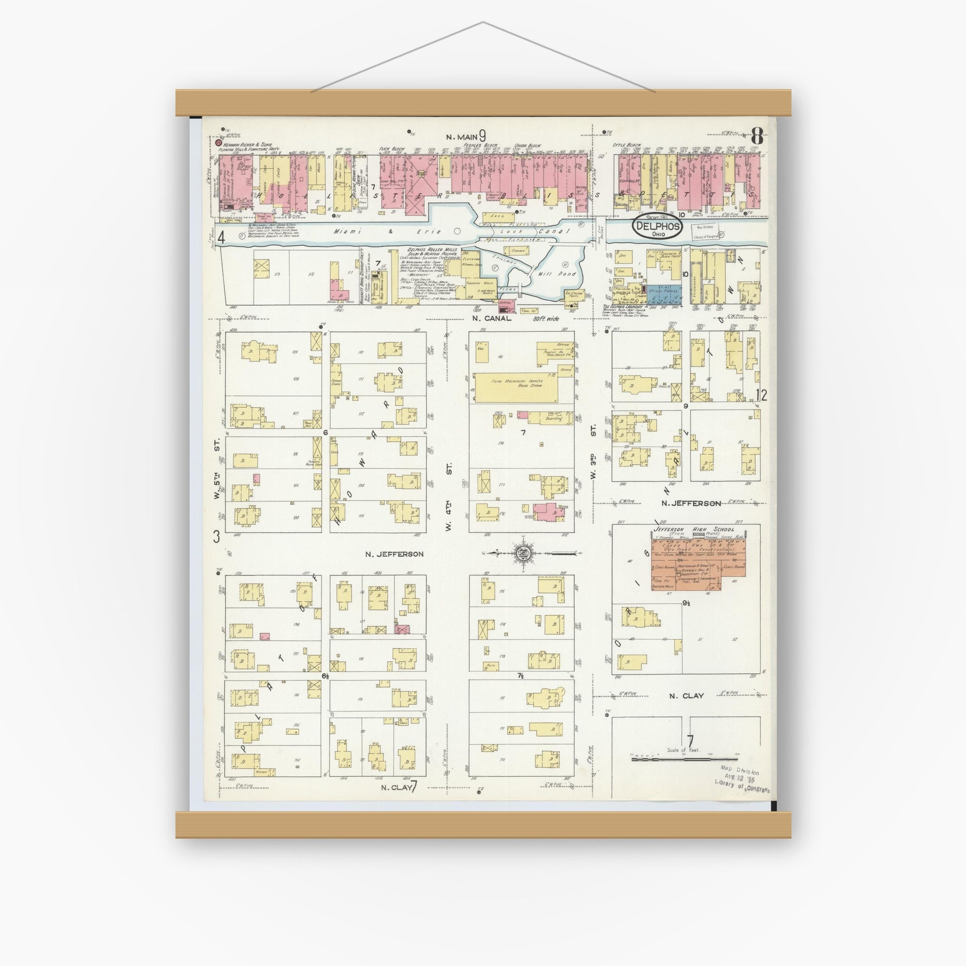 Old map wall art mockup — magnetic wood frame on white wall — Sanborn Fire Insurance Map from Delphos, Van Wert And Allen Counties, Ohio (1911), Sheet #0008