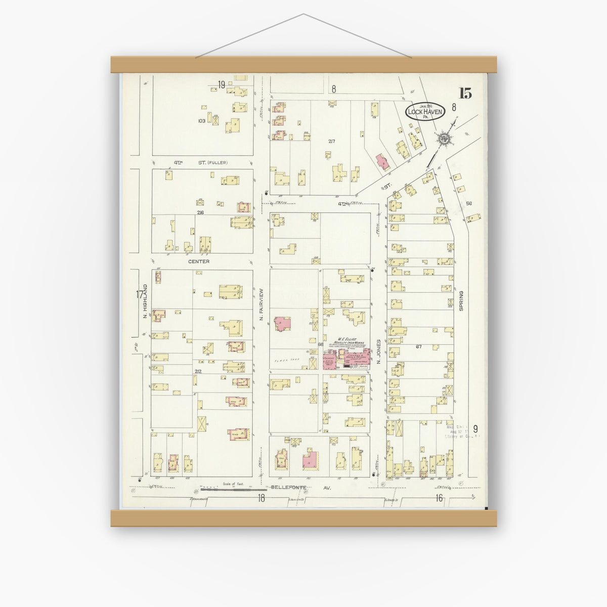 Old map wall art mockup — magnetic wood frame on white wall — Sanborn Fire Insurance Map from Lock Haven, Clinton County, Pennsylvania (1914), Sheet #0015