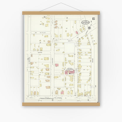 Old map wall art mockup — magnetic wood frame on white wall — Sanborn Fire Insurance Map from Lock Haven, Clinton County, Pennsylvania (1914), Sheet #0015