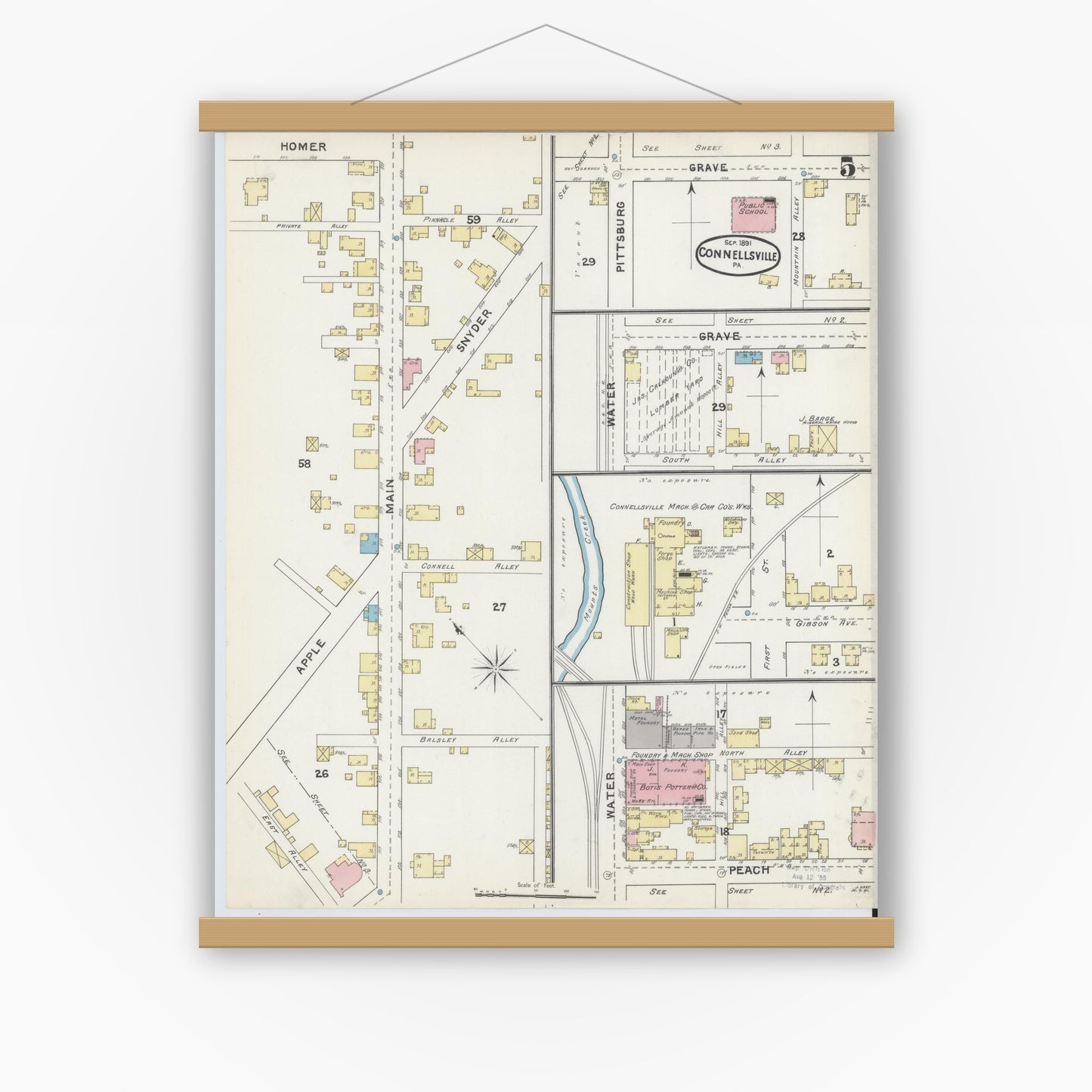 Old map wall art mockup — magnetic wood frame on white wall — Sanborn Fire Insurance Map from Connellsville, Fayette County, Pennsylvania (1891), Sheet #0005