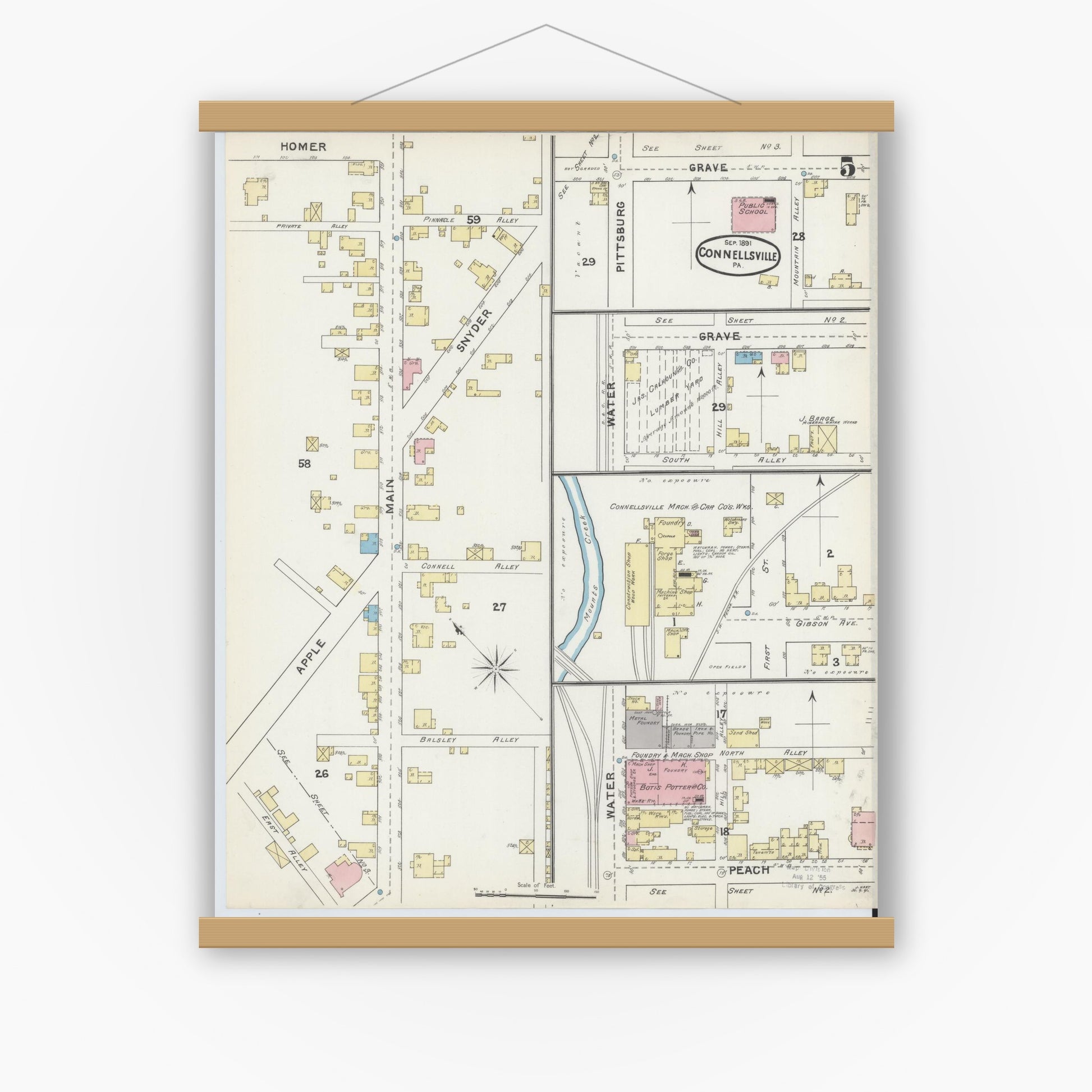 Old map wall art mockup — magnetic wood frame on white wall — Sanborn Fire Insurance Map from Connellsville, Fayette County, Pennsylvania (1891), Sheet #0005