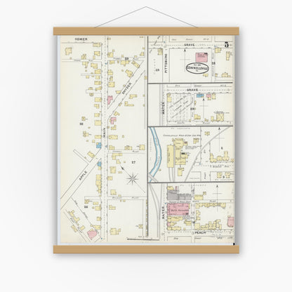 Old map wall art mockup — magnetic wood frame on white wall — Sanborn Fire Insurance Map from Connellsville, Fayette County, Pennsylvania (1891), Sheet #0005