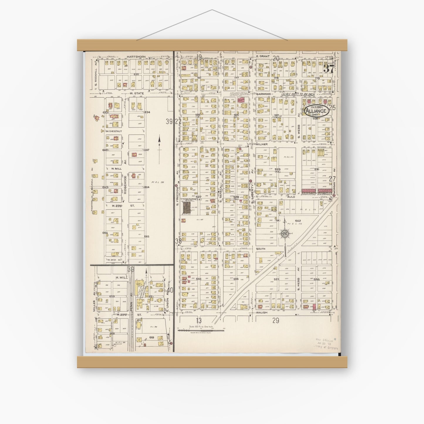 Old map wall art mockup — magnetic wood frame on white wall — Sanborn Fire Insurance Map from Alliance, Stark County, Ohio (1921), Sheet #0037