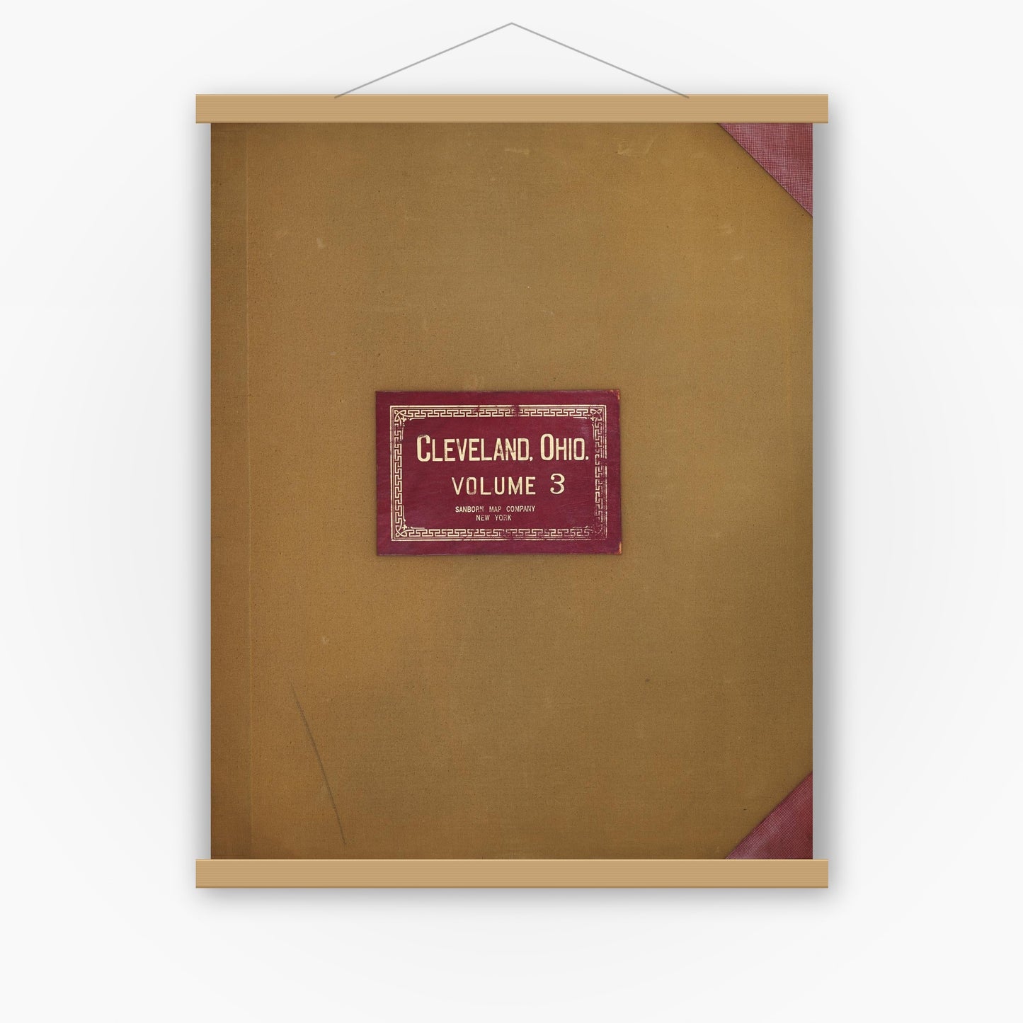 Old map wall art mockup — magnetic wood frame on white wall — Sanborn Fire Insurance Map from Cleveland, Cuyahoga County, Ohio (1951), Sheet #0001