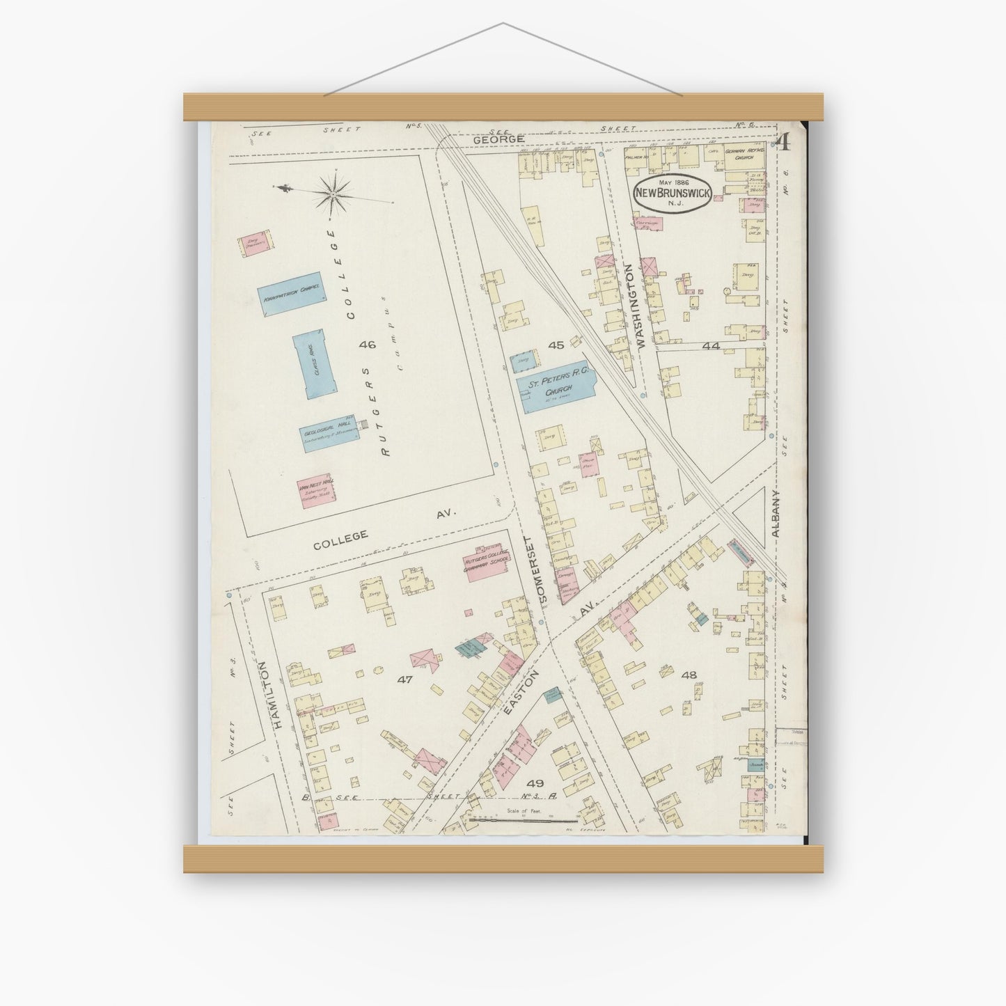 Old map wall art mockup — magnetic wood frame on white wall — Sanborn Fire Insurance Map from New Brunswick, Middlesex County, New Jersey (1886), Sheet #0004