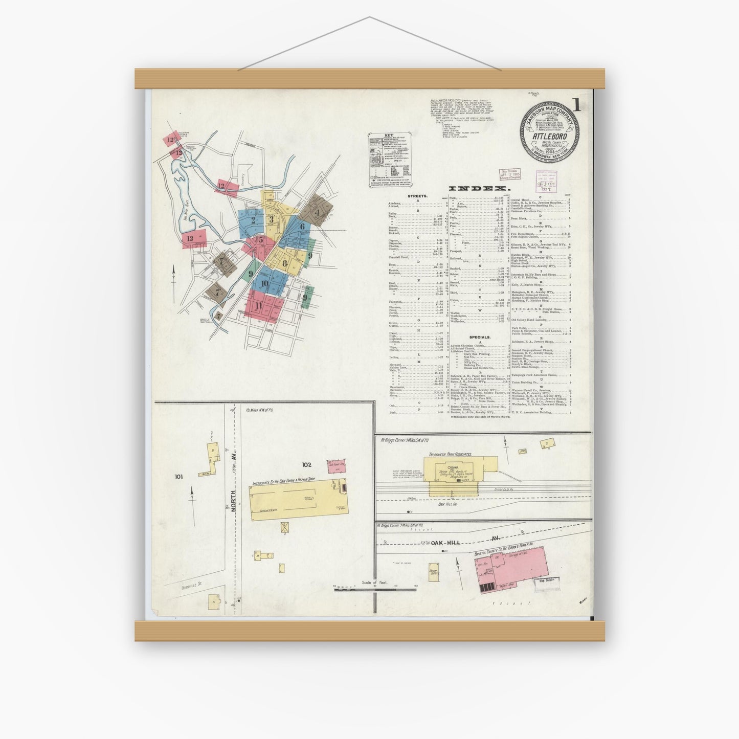 Old map wall art mockup — magnetic wood frame on white wall — Sanborn Fire Insurance Map from Attleboro, Bristol County, Massachusetts (1905) - Complete Map Set