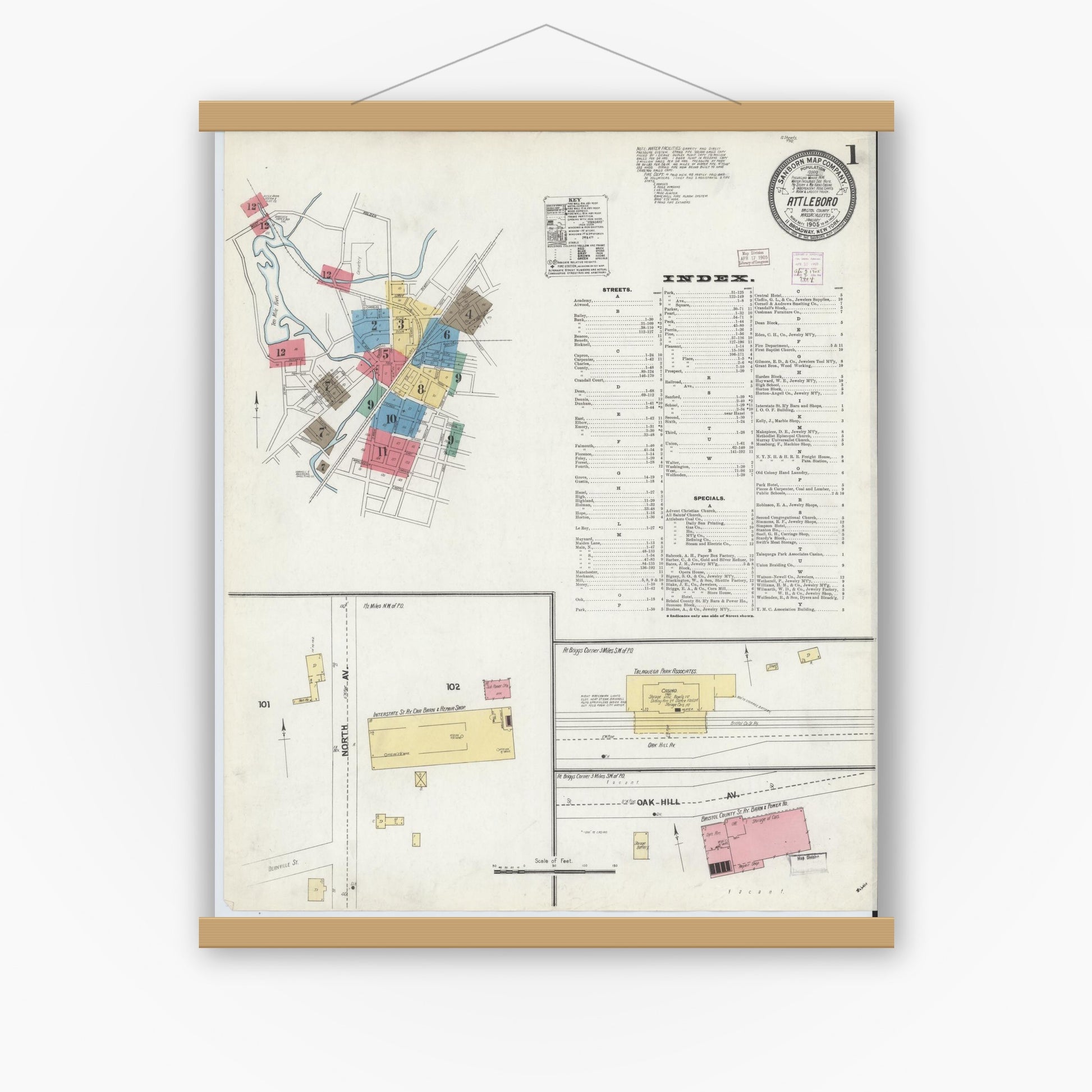Old map wall art mockup — magnetic wood frame on white wall — Sanborn Fire Insurance Map from Attleboro, Bristol County, Massachusetts (1905) - Complete Map Set