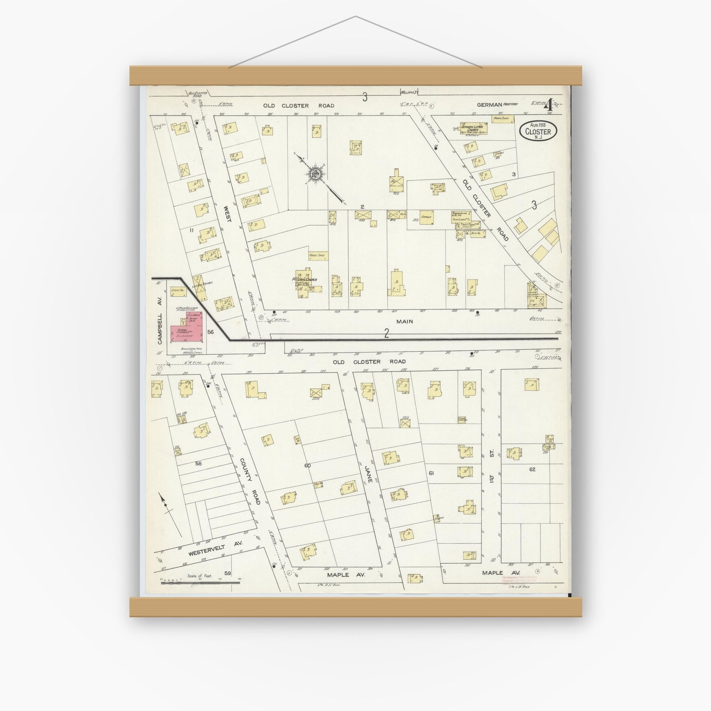 Old map wall art mockup — magnetic wood frame on white wall — Sanborn Fire Insurance Map from Closter, Bergen County, New Jersey (1913), Sheet #0004