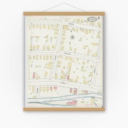 Old map wall art mockup — magnetic wood frame on white wall — Sanborn Fire Insurance Map from Waterloo, Seneca County, New York (1893), Sheet #0007
