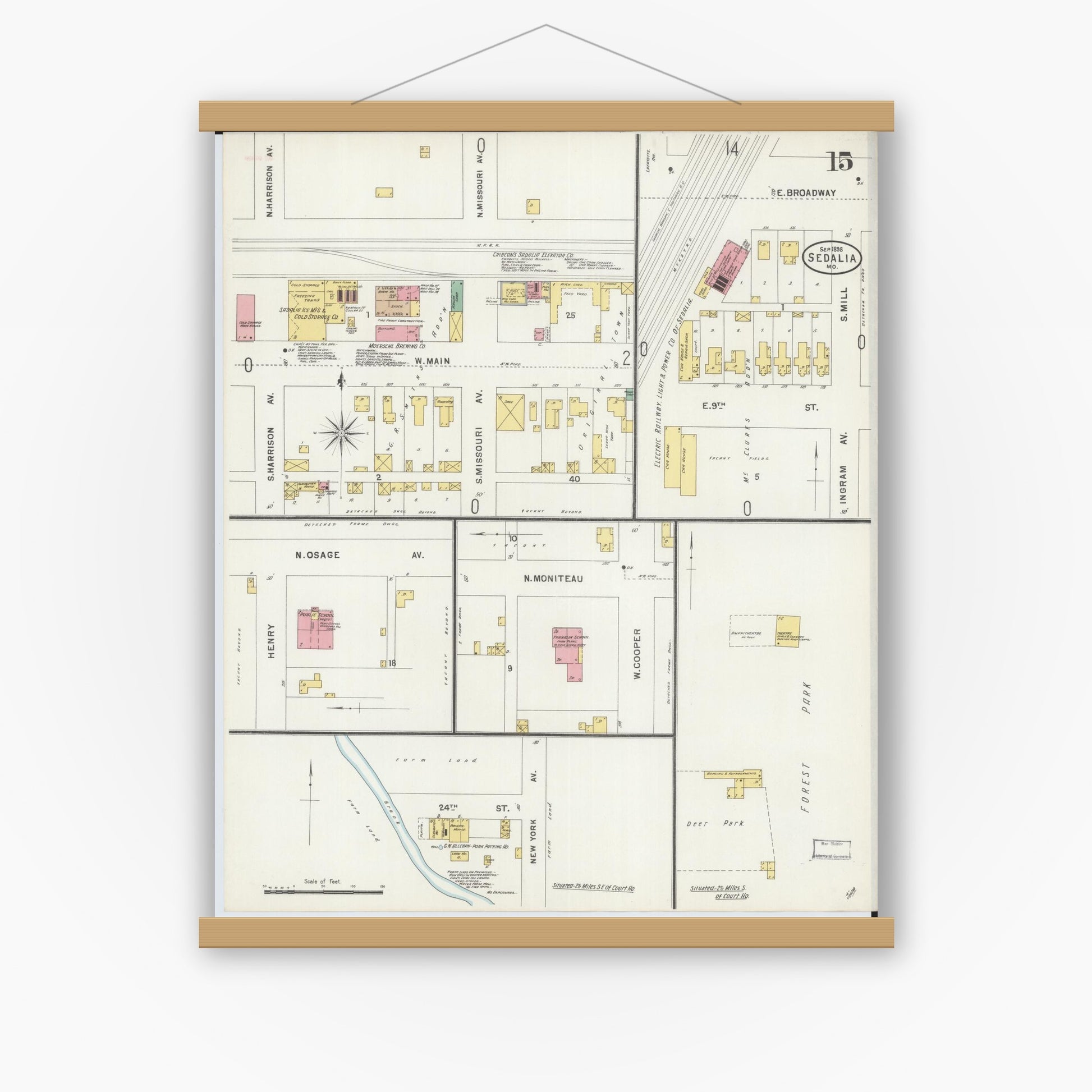 Old map wall art mockup — magnetic wood frame on white wall — Sanborn Fire Insurance Map from Sedalia, Pettis County, Missouri (1898), Sheet #0015