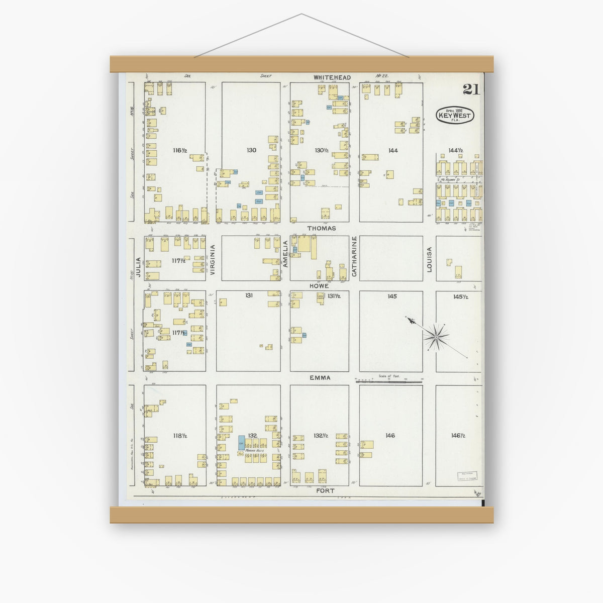 Old map wall art mockup — magnetic wood frame on white wall — Sanborn Fire Insurance Map from Key West, Monroe County, Florida (1892), Sheet #0021