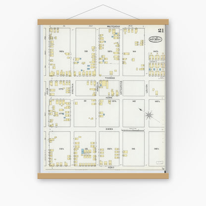 Old map wall art mockup — magnetic wood frame on white wall — Sanborn Fire Insurance Map from Key West, Monroe County, Florida (1892), Sheet #0021