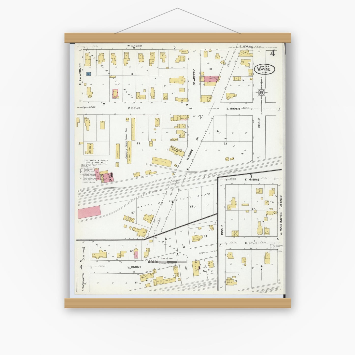 Old map wall art mockup — magnetic wood frame on white wall — Sanborn Fire Insurance Map from Wayne, Wayne County, Michigan (1919), Sheet #0004