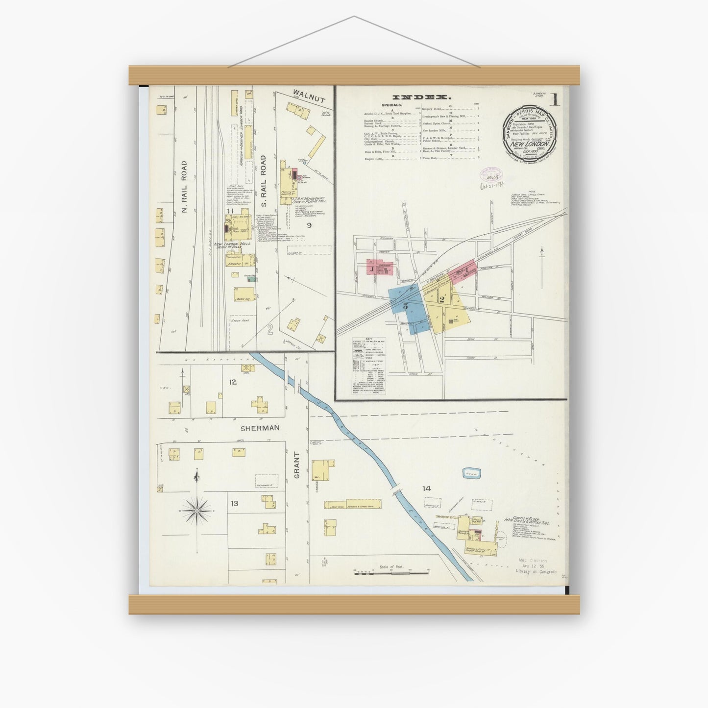 Old map wall art mockup — magnetic wood frame on white wall — Sanborn Fire Insurance Map from New London, Huron County, Ohio (1893), Sheet #0001