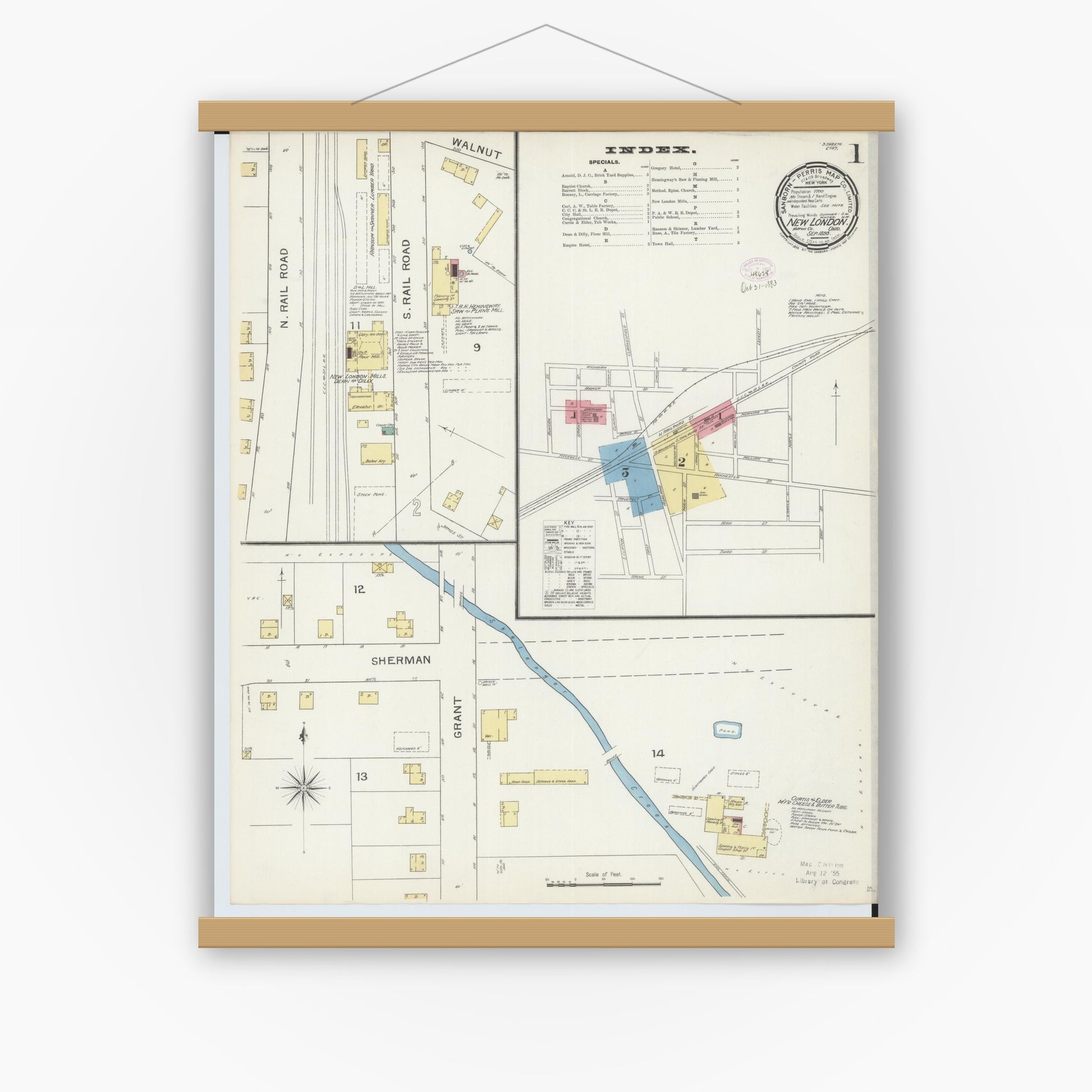 Old map wall art mockup — magnetic wood frame on white wall — Sanborn Fire Insurance Map from New London, Huron County, Ohio (1893), Sheet #0001