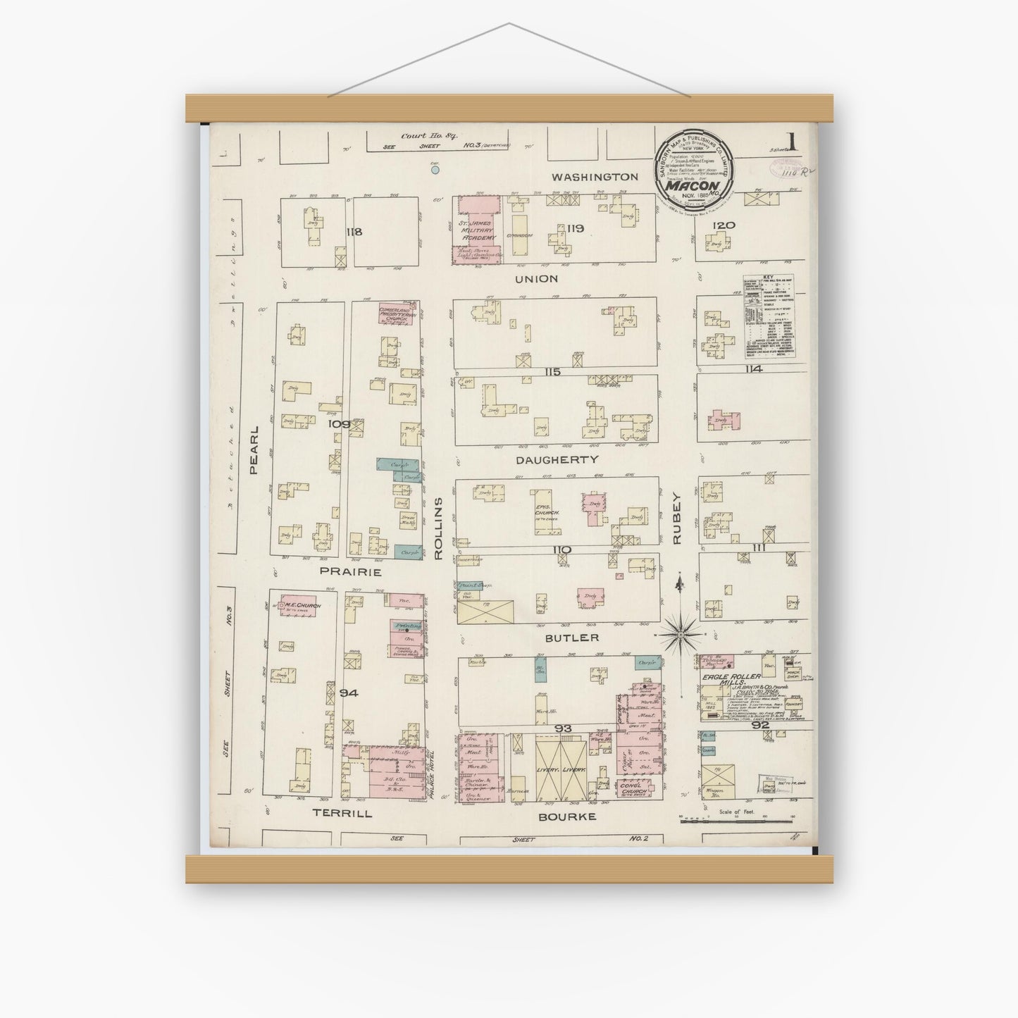 Old map wall art mockup — magnetic wood frame on white wall — Sanborn Fire Insurance Map from Macon, Macon County, Missouri (1885) - Complete Map Set