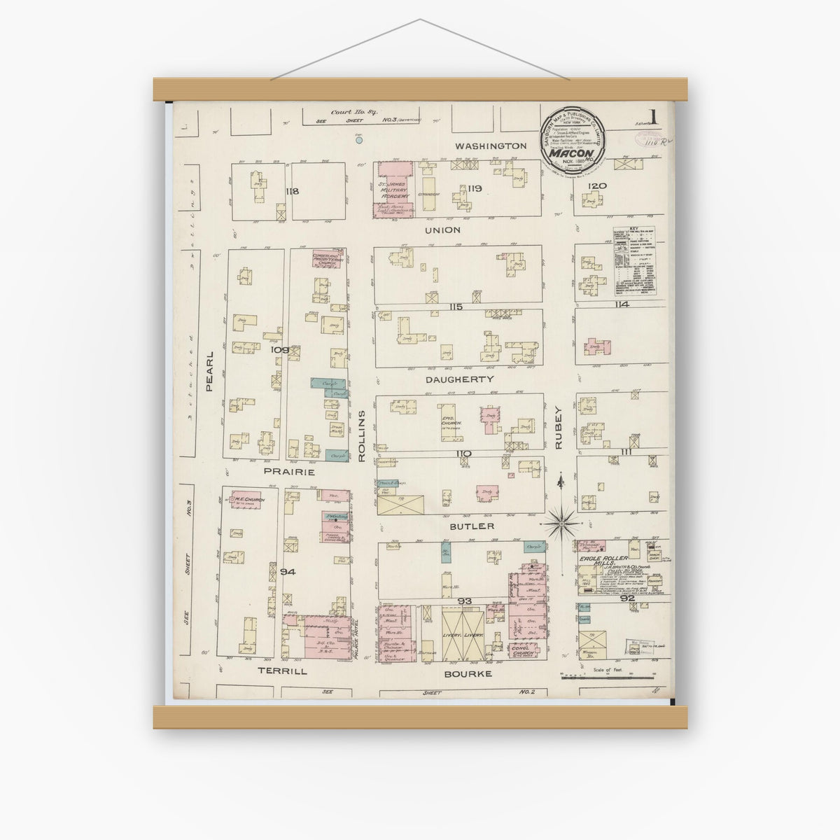 Old map wall art mockup — magnetic wood frame on white wall — Sanborn Fire Insurance Map from Macon, Macon County, Missouri (1885) - Complete Map Set