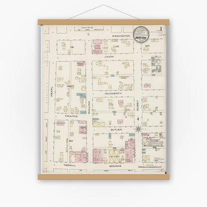 Old map wall art mockup — magnetic wood frame on white wall — Sanborn Fire Insurance Map from Macon, Macon County, Missouri (1885) - Complete Map Set