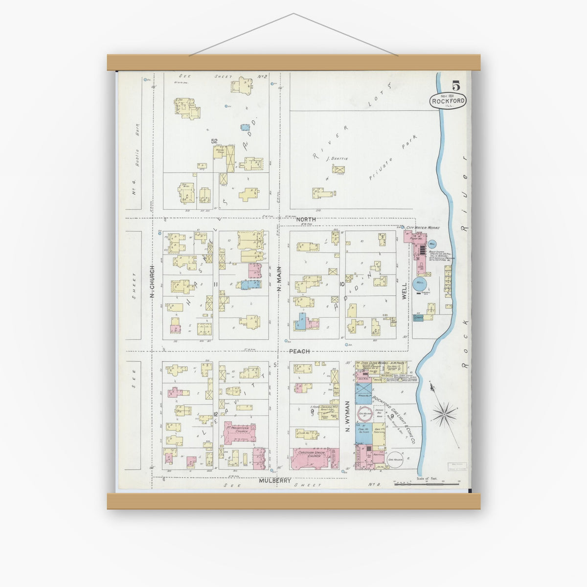 Old map wall art mockup — magnetic wood frame on white wall — Sanborn Fire Insurance Map from Rockford, Winnebago County, Illinois (1891), Sheet #0005
