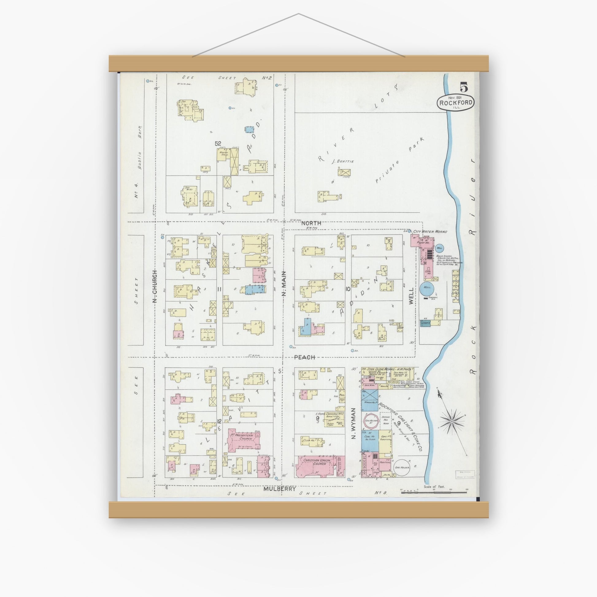Old map wall art mockup — magnetic wood frame on white wall — Sanborn Fire Insurance Map from Rockford, Winnebago County, Illinois (1891), Sheet #0005