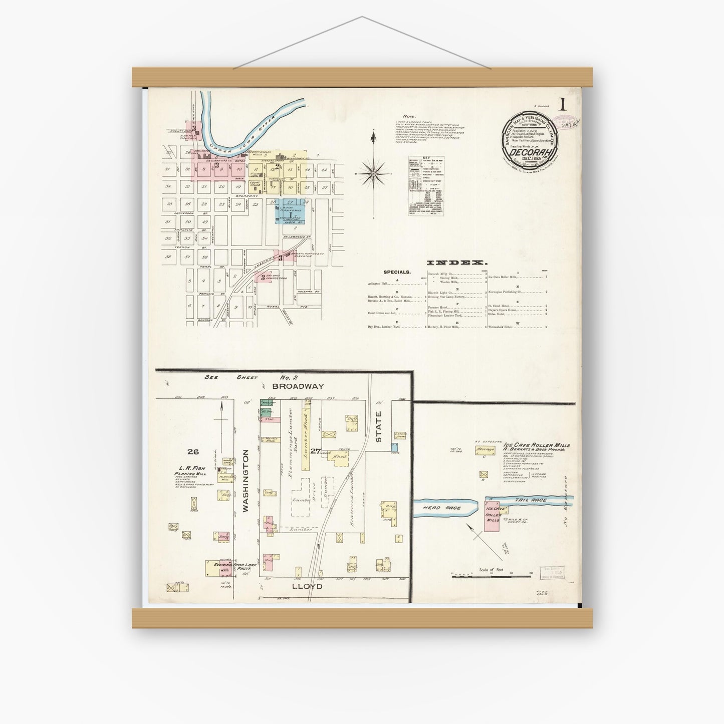 Old map wall art mockup — magnetic wood frame on white wall — Sanborn Fire Insurance Map from Decorah, Winneshiek County, Iowa (1885) â€” Complete Set