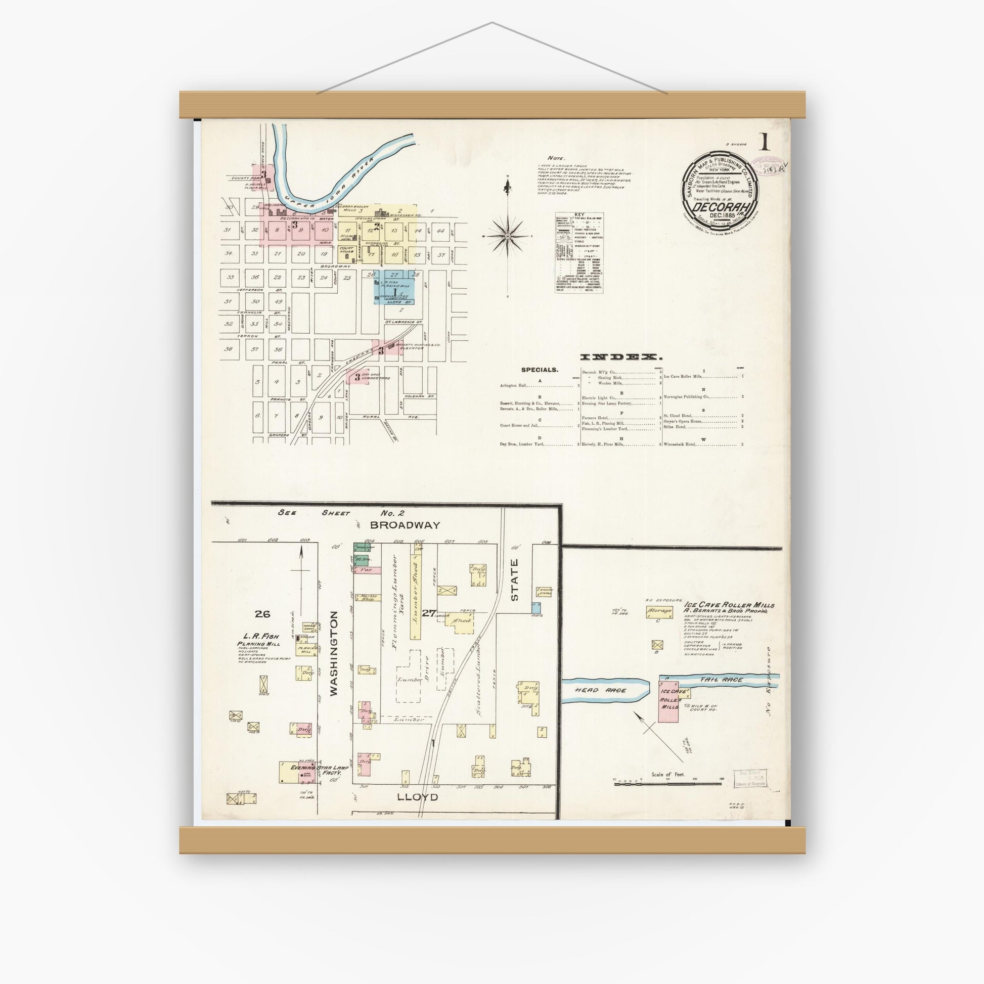 Old map wall art mockup — magnetic wood frame on white wall — Sanborn Fire Insurance Map from Decorah, Winneshiek County, Iowa (1885) â€” Complete Set