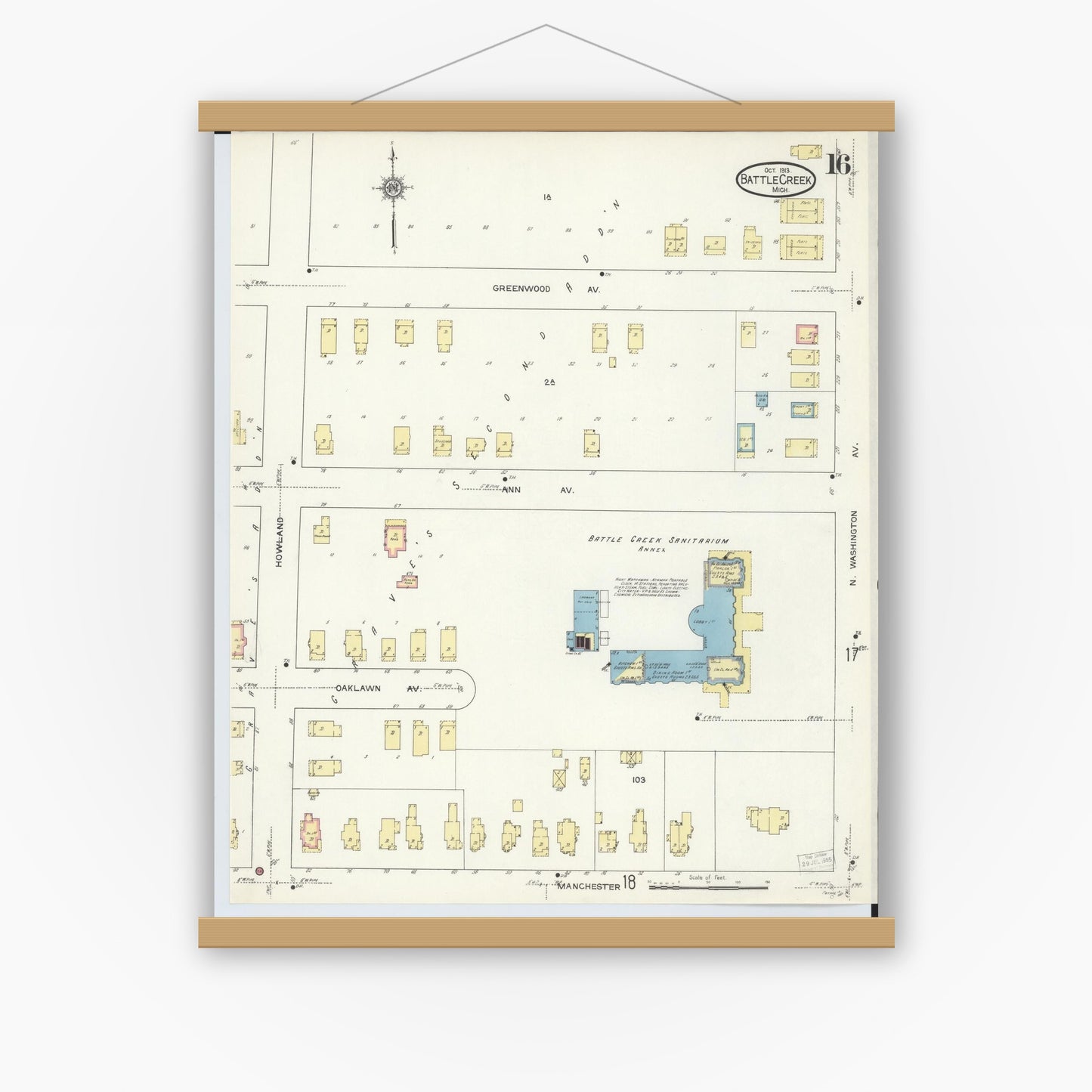 Old map wall art mockup — magnetic wood frame on white wall — Sanborn Fire Insurance Map from Battle Creek, Calhoun County, Michigan (1913), Sheet #0016