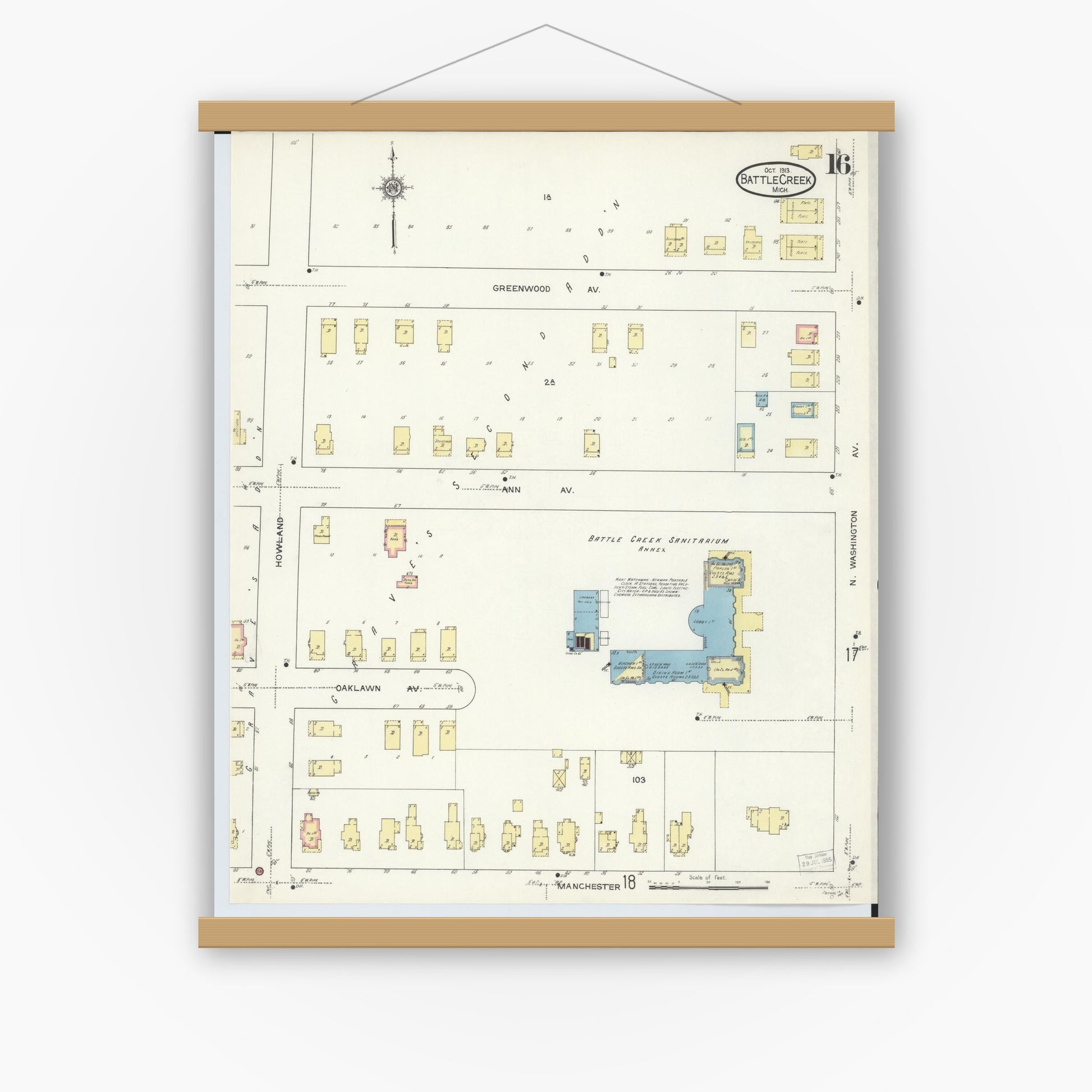 Old map wall art mockup — magnetic wood frame on white wall — Sanborn Fire Insurance Map from Battle Creek, Calhoun County, Michigan (1913), Sheet #0016