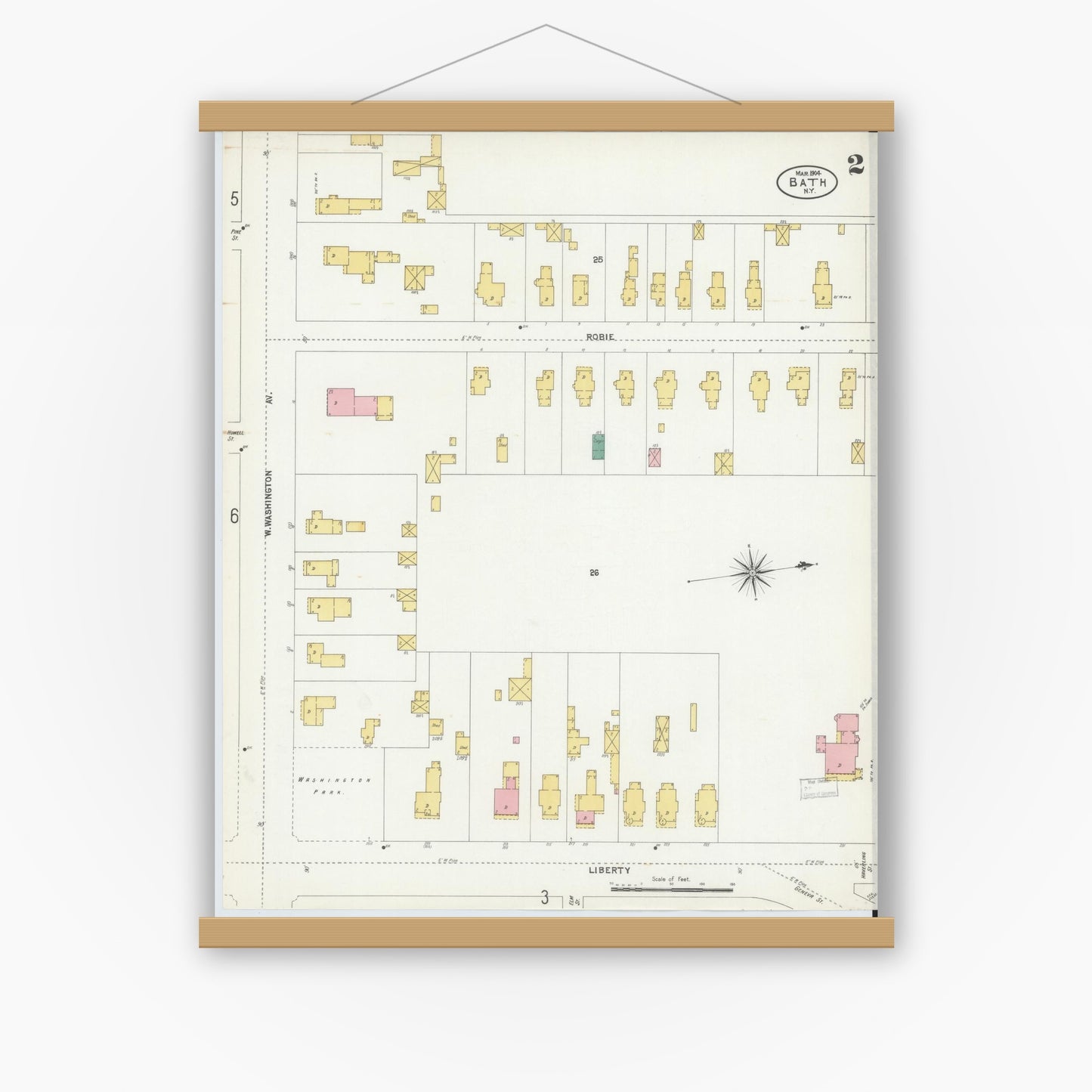 Old map wall art mockup — magnetic wood frame on white wall — Sanborn Fire Insurance Map from Bath, Steuben County, New York (1904), Sheet #0002