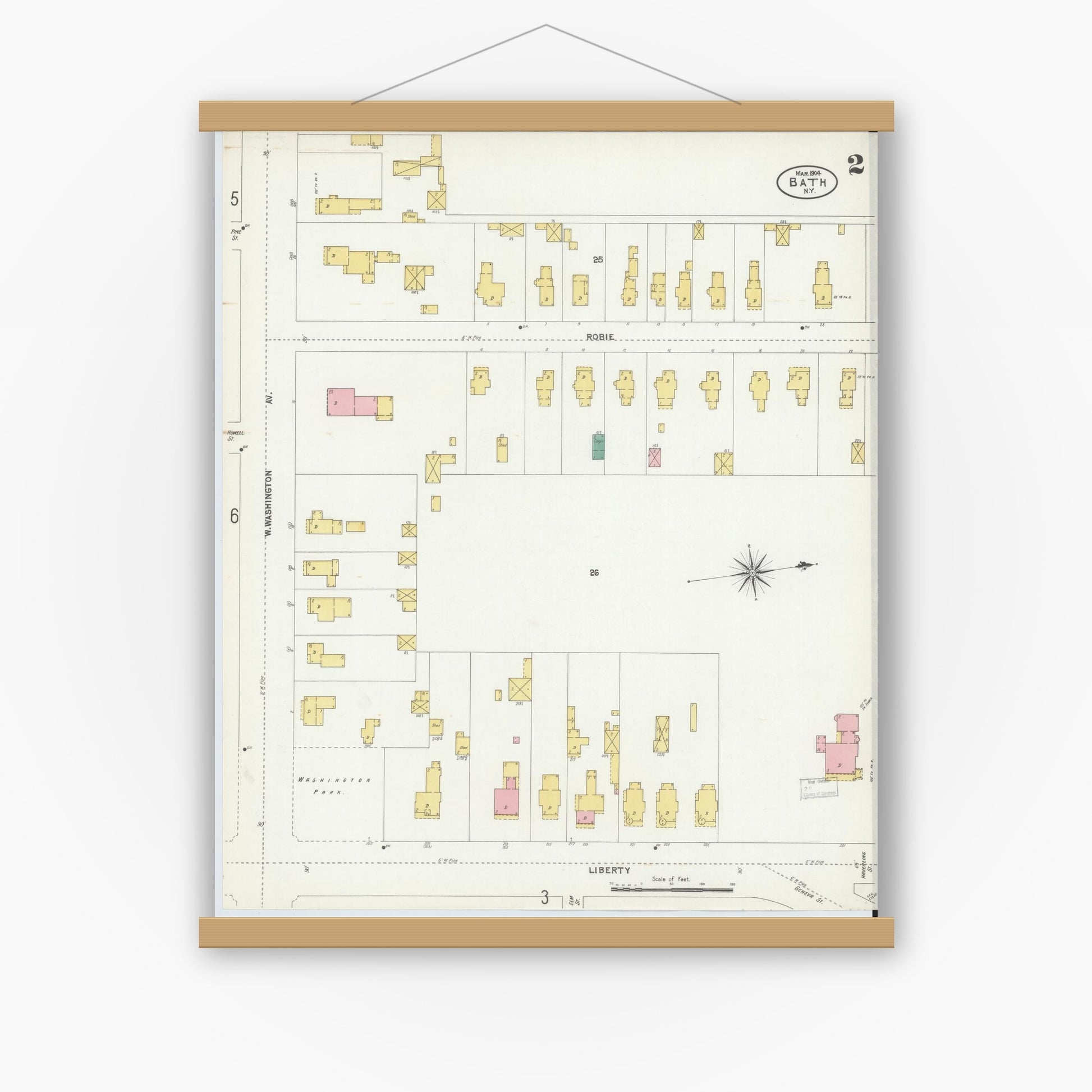 Old map wall art mockup — magnetic wood frame on white wall — Sanborn Fire Insurance Map from Bath, Steuben County, New York (1904), Sheet #0002