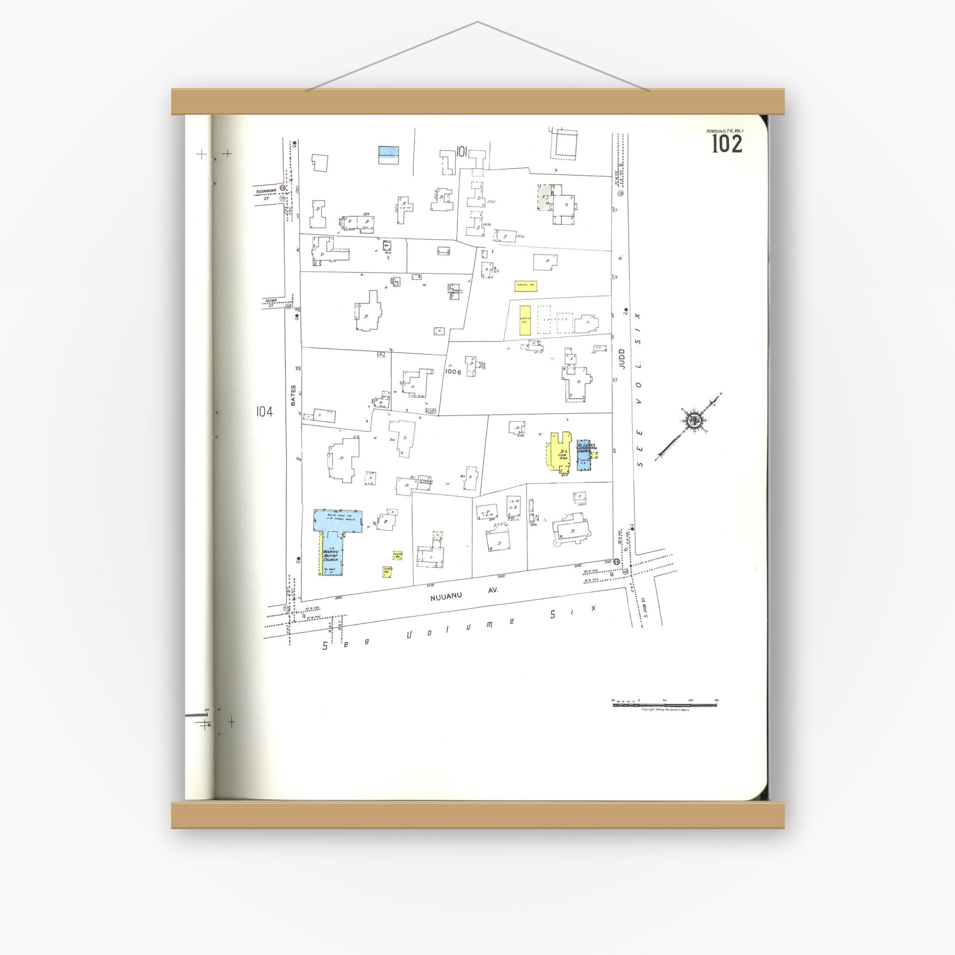 Old map wall art mockup — magnetic wood frame on white wall — Sanborn Fire Insurance Map from Honolulu, Oahu County, Hawaii (1955), Sheet #0102