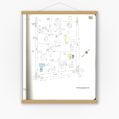 Old map wall art mockup — magnetic wood frame on white wall — Sanborn Fire Insurance Map from Honolulu, Oahu County, Hawaii (1955), Sheet #0102