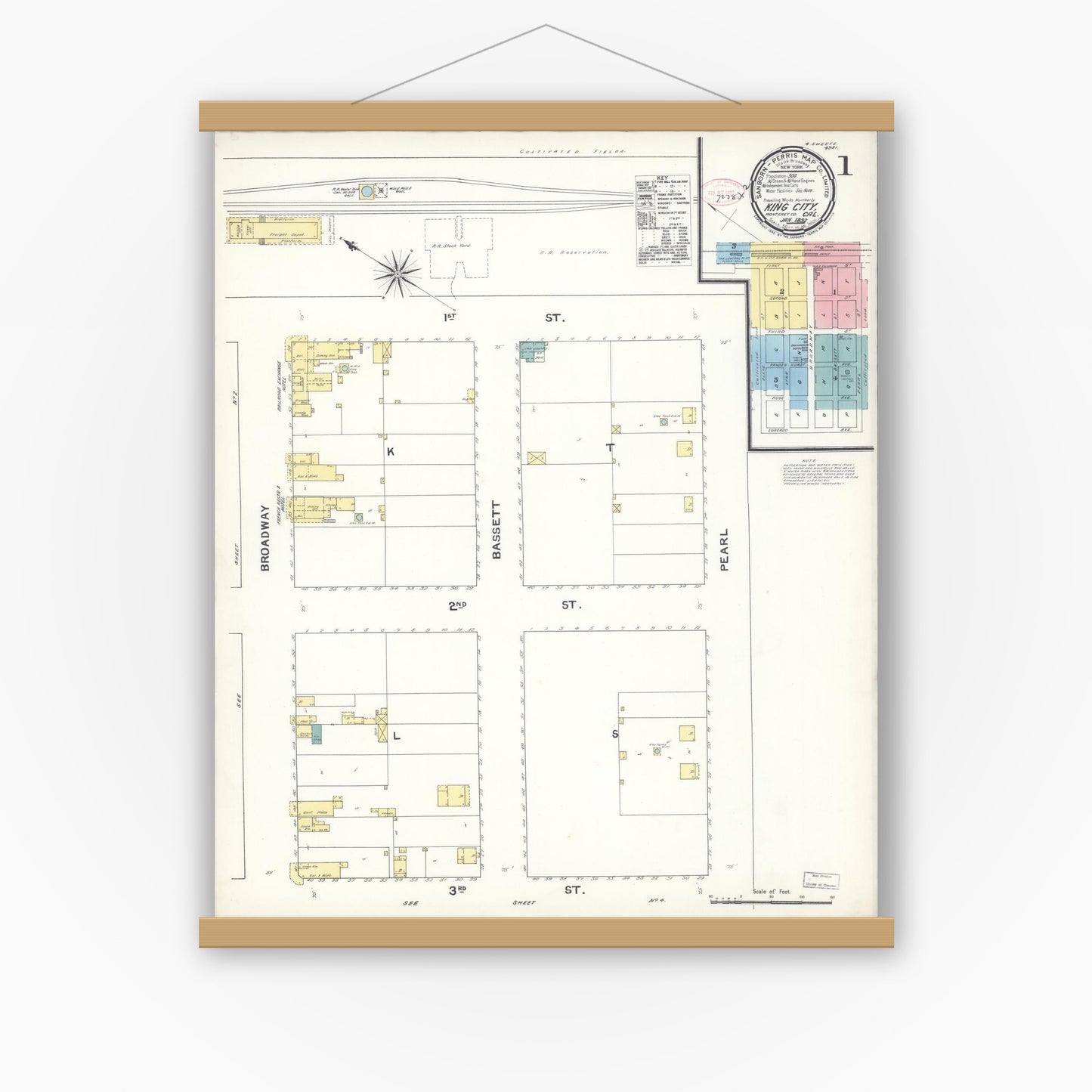 Old map wall art mockup — magnetic wood frame on white wall — Sanborn Fire Insurance Map from King City, Monterey County, California (1892), Sheet #0001
