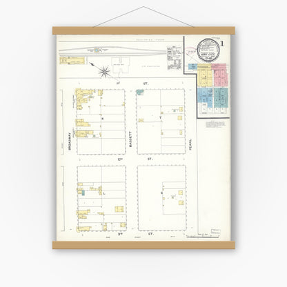 Old map wall art mockup — magnetic wood frame on white wall — Sanborn Fire Insurance Map from King City, Monterey County, California (1892), Sheet #0001
