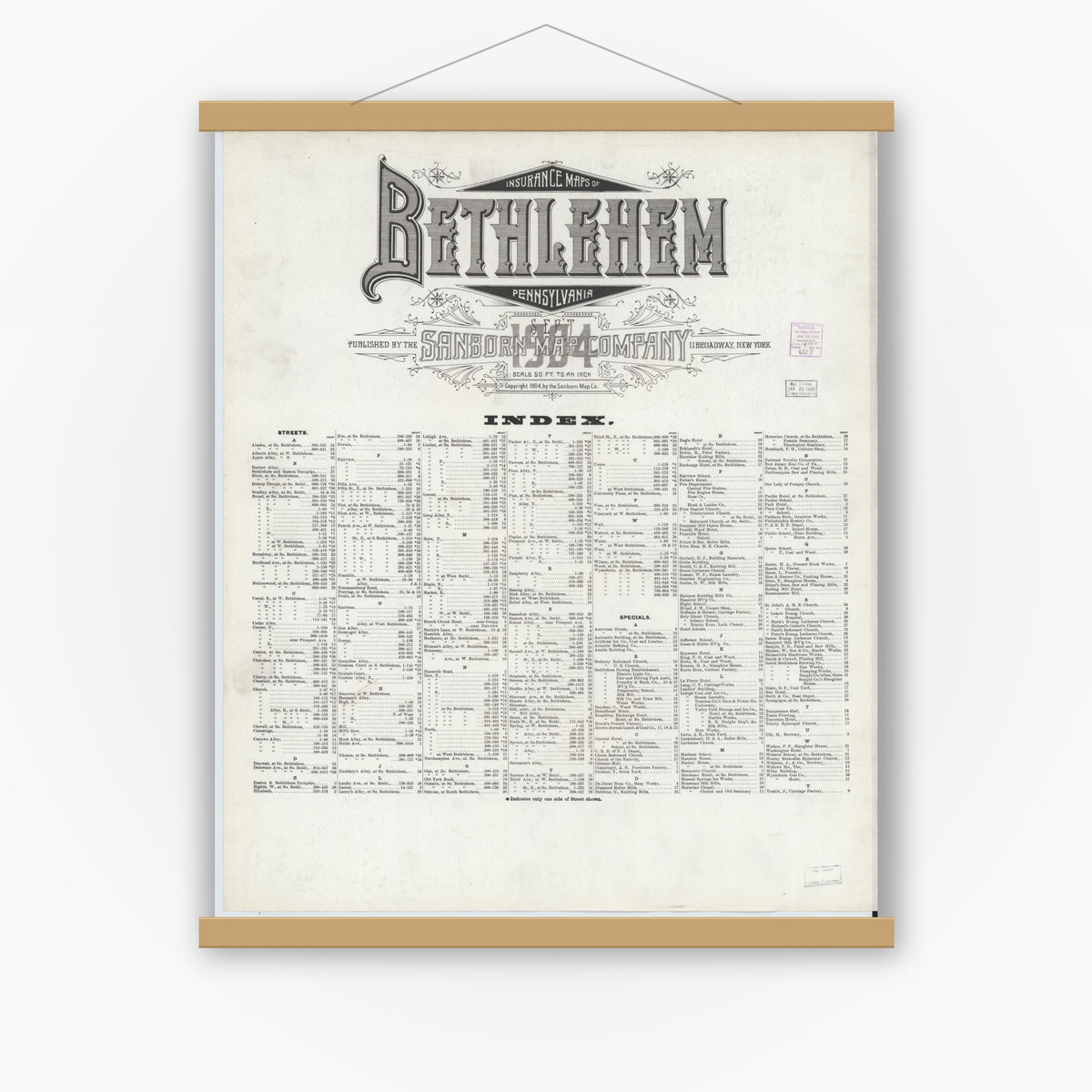 Old map wall art mockup — magnetic wood frame on white wall — Sanborn Fire Insurance Map from Bethlehem, Northampton And Lehigh Counties, Pennsylvania (1904), Sheet #0001